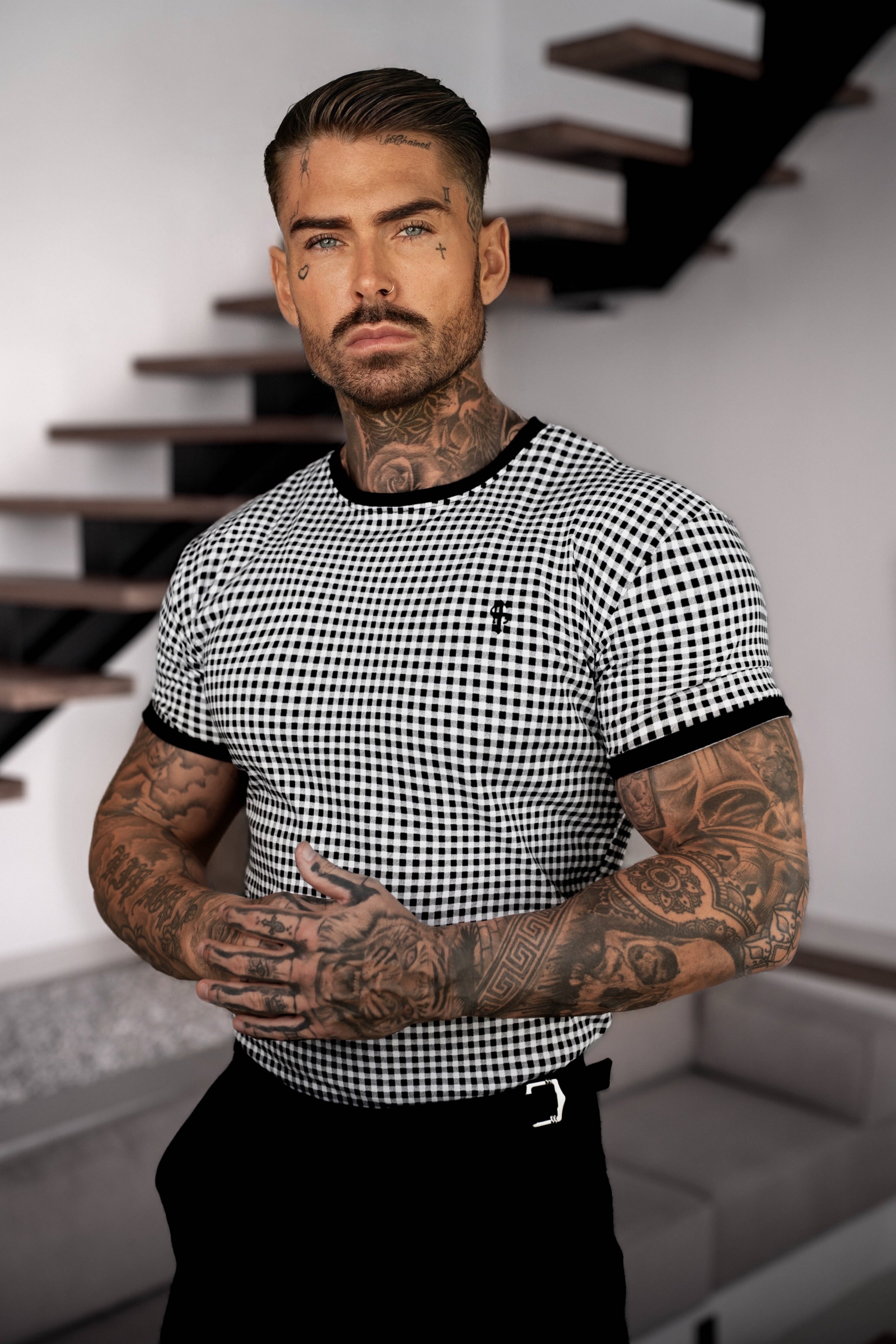 Printed Black / White Check Fitted T Shirt - FSH1238