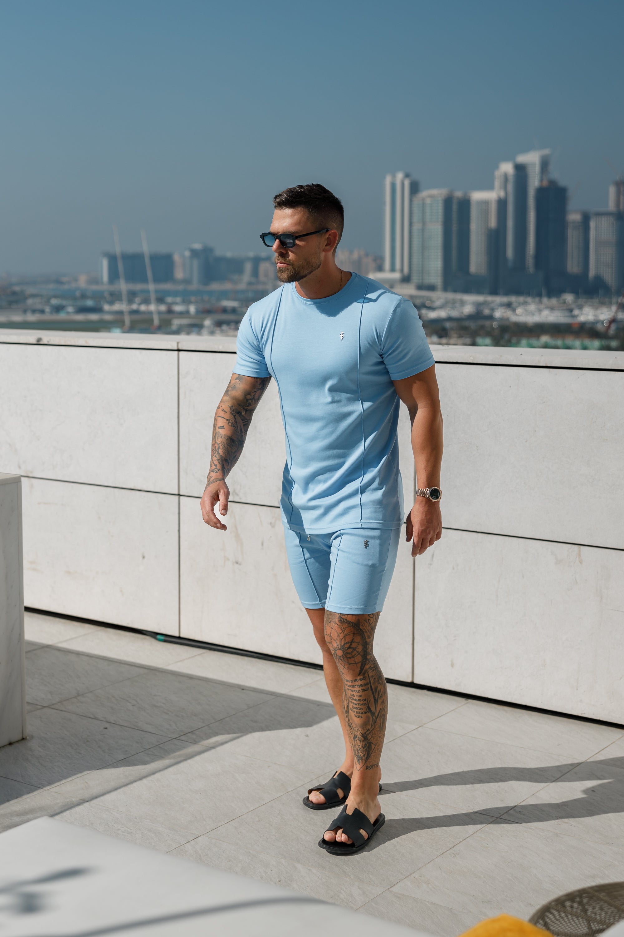 Light Blue / Silver Crew T Shirt With Pintuck Detail - FSH1051