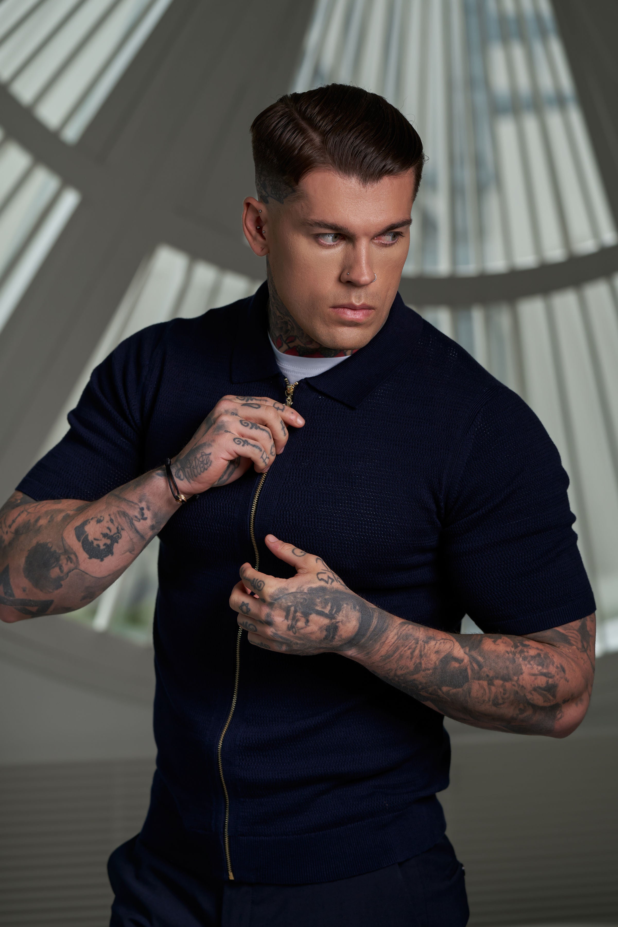 Classic Knitted Textured Design With Full Length Zip Navy Short Sleeve - FSN153