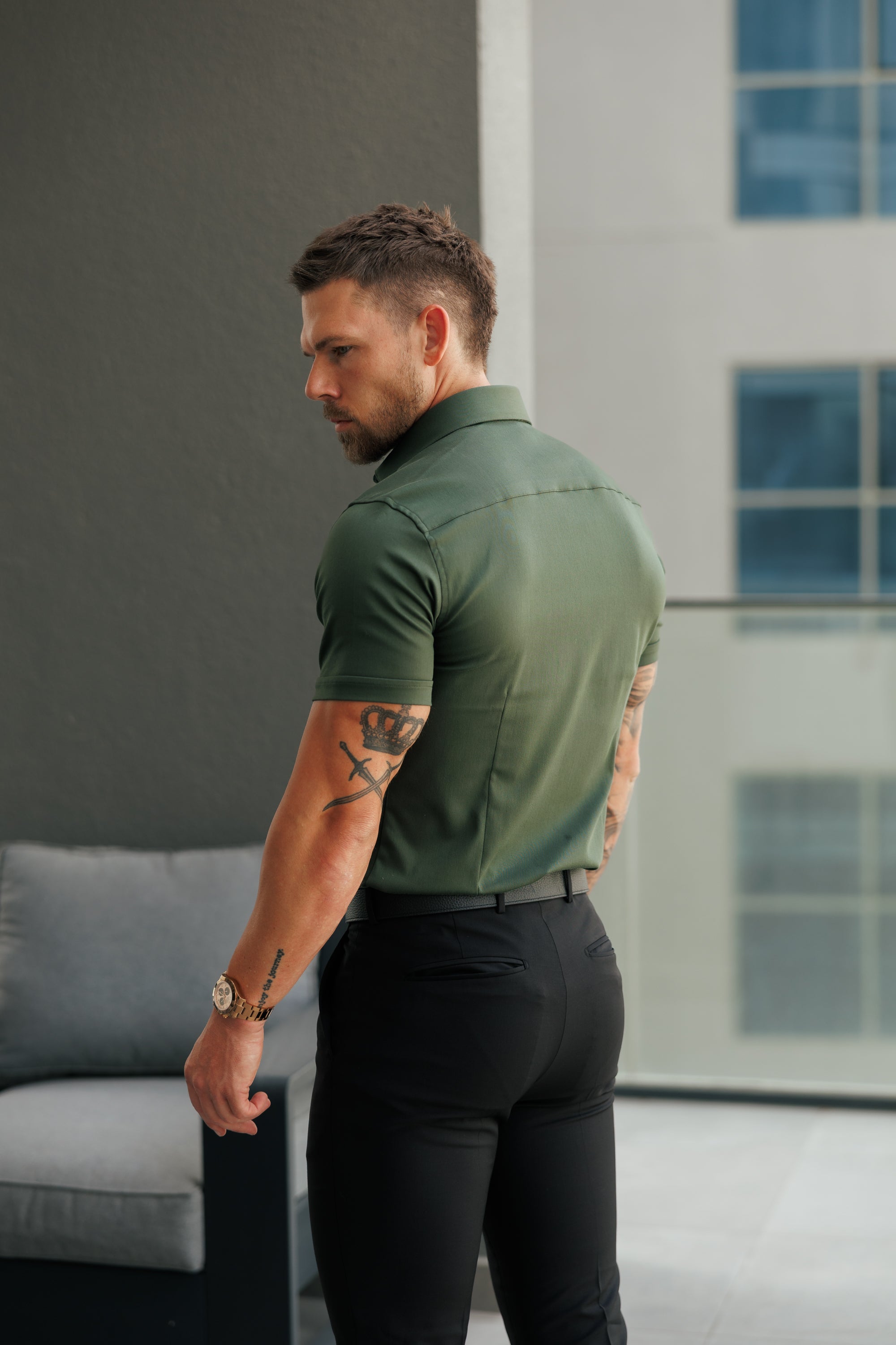 Super Slim Stretch Khaki Denim Short Sleeve with Cutaway Collar- FS1148