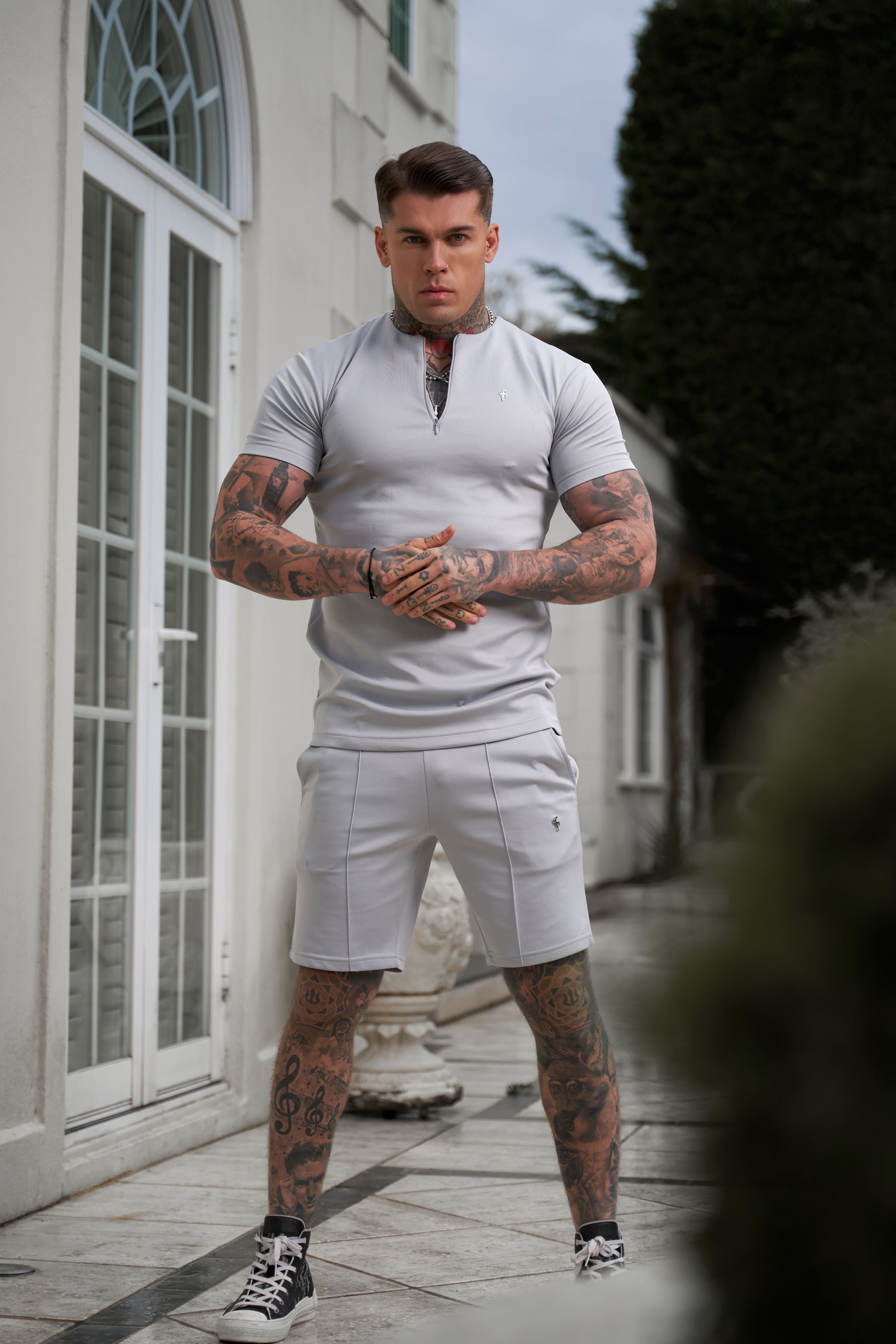 Scuba Light Grey / Silver Crew T Shirt With Zip Detail Short Sleeve - FSH1034