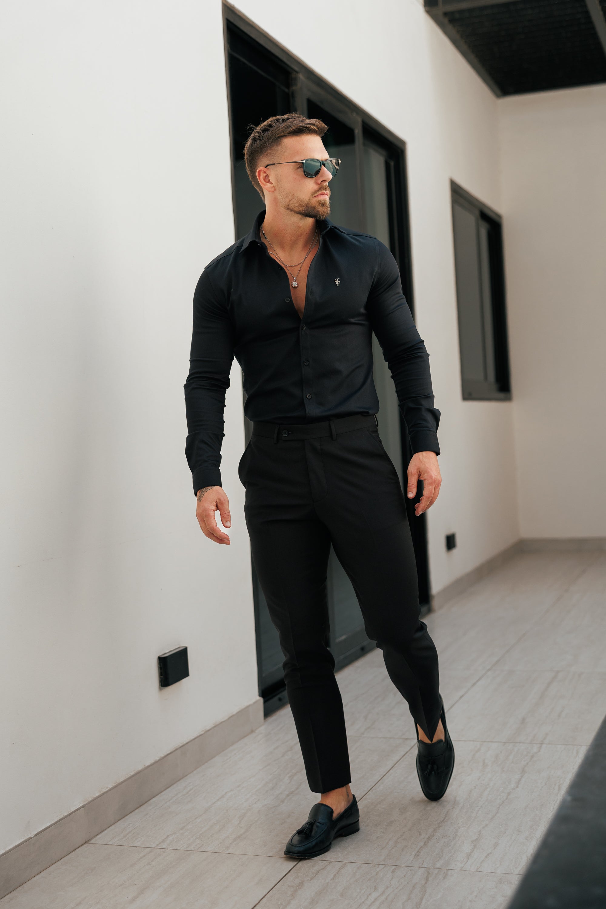 Super Slim Stretch Black Denim Long Sleeve with Gunmetal Metal Decal and Cutaway Collar - FS1169