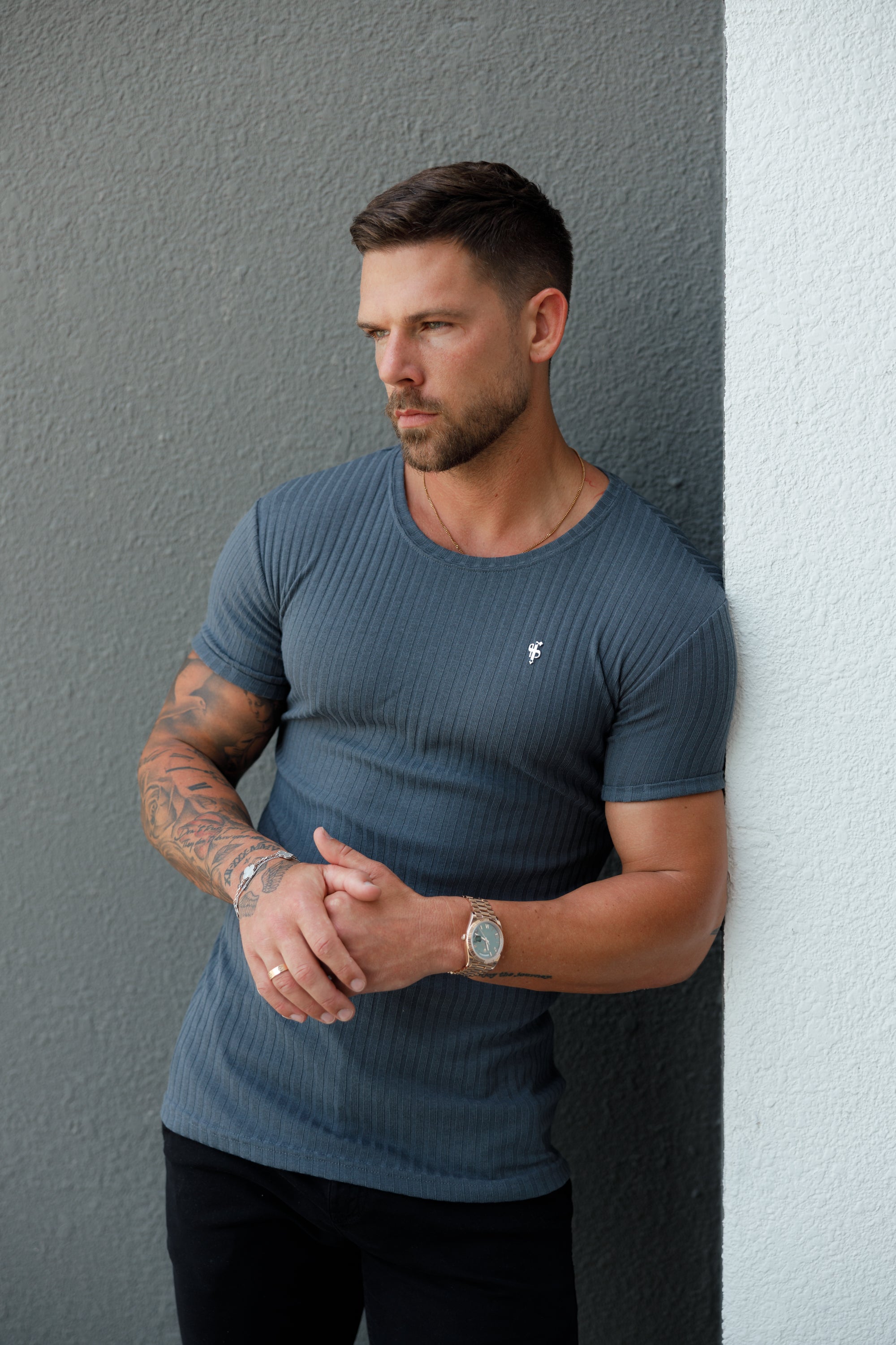 Classic Charcoal / Silver Ribbed Knit Super Slim Short Sleeve Crew - FSH1084