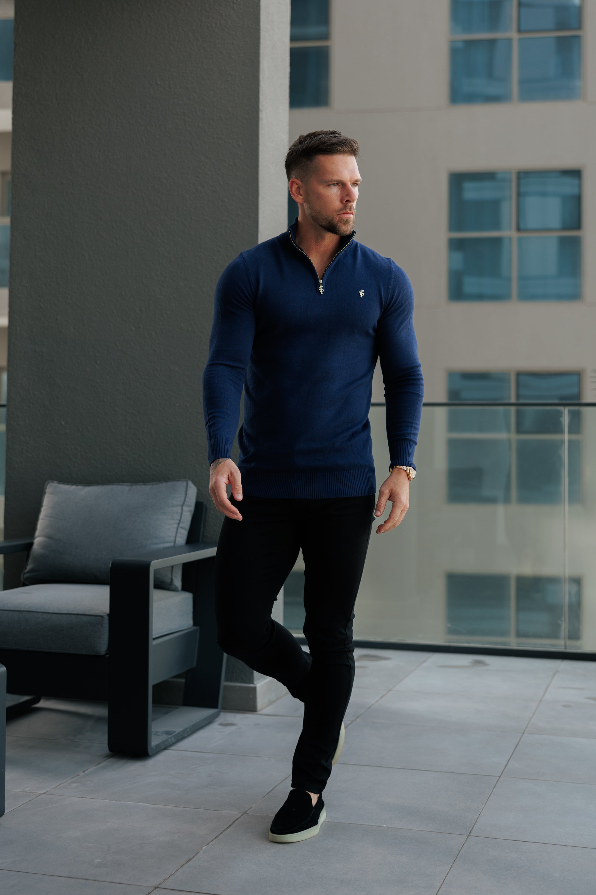 Navy Funnel Neck Knitted Jumper With FS Branding - FSN191