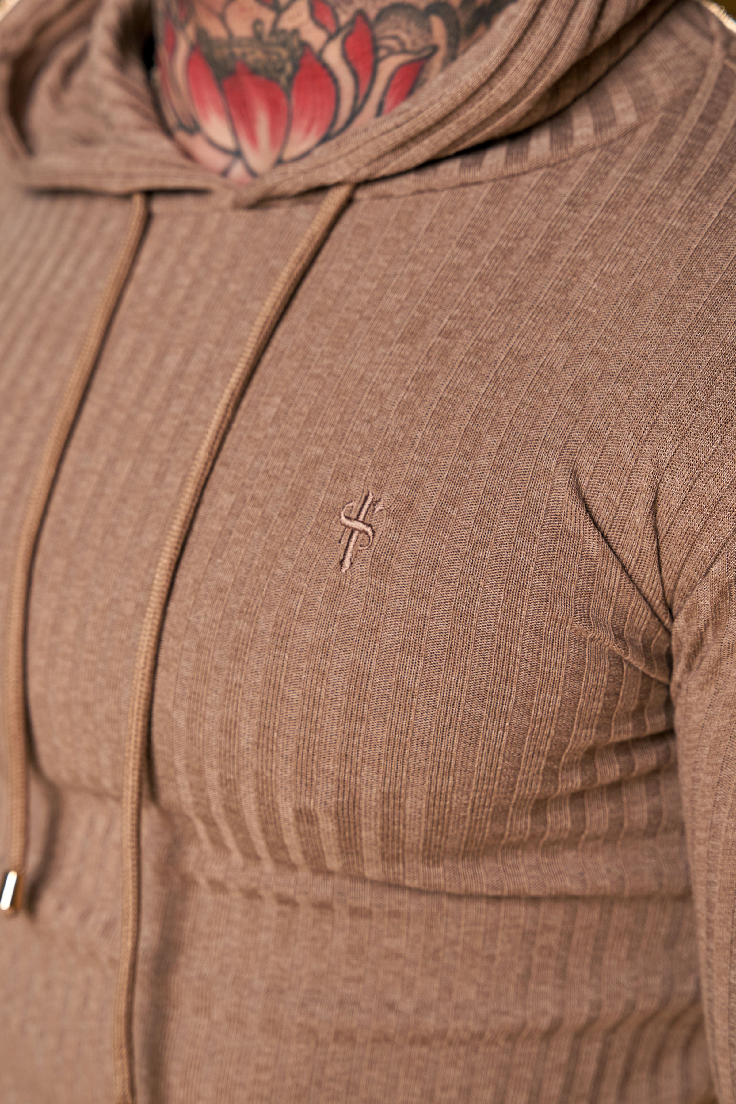 Classic Chocolate Brown Ribbed Knit Hoodie Jumper - FSH911