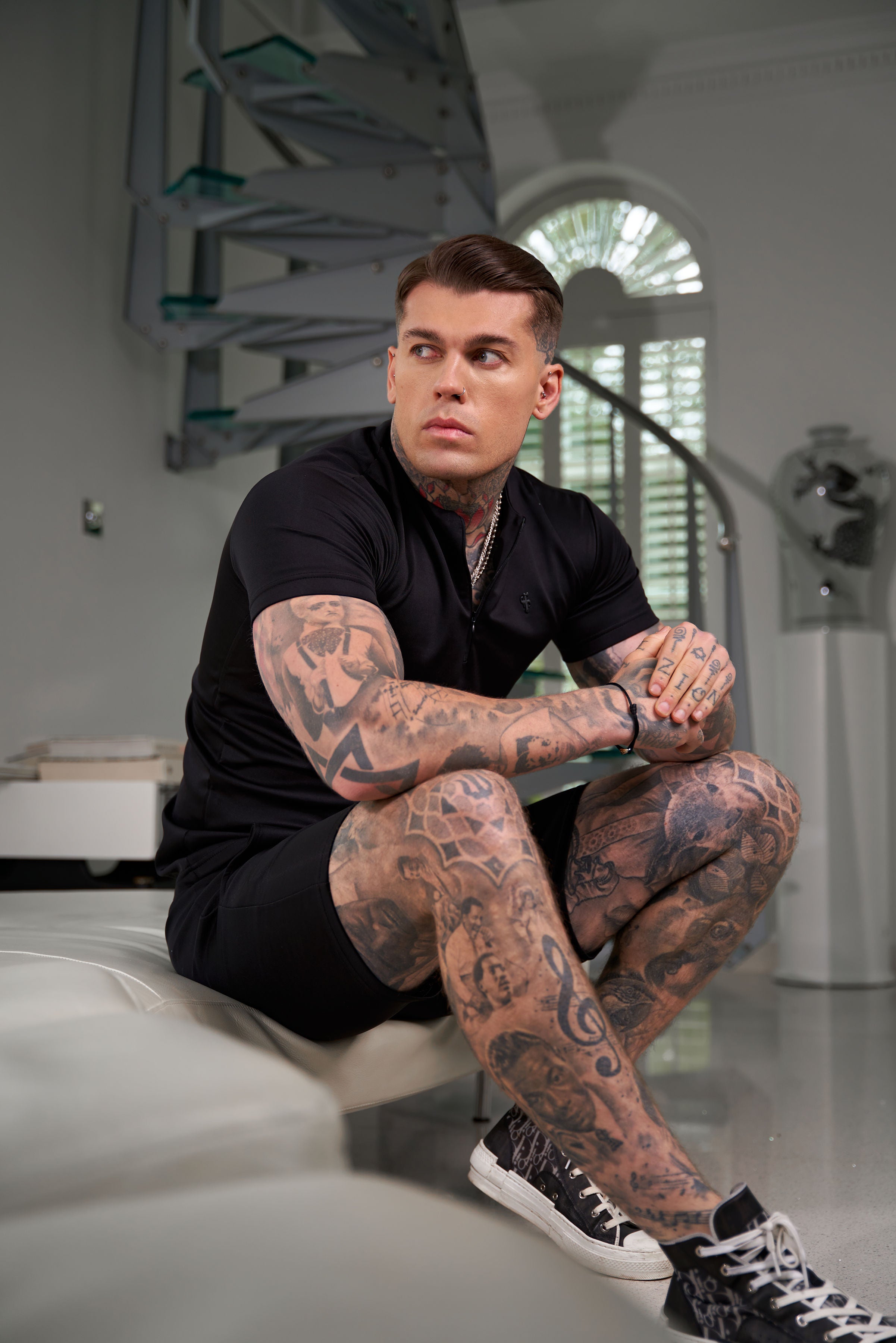 Scuba Black Crew T Shirt With Zip Detail Short Sleeve - FSH1031