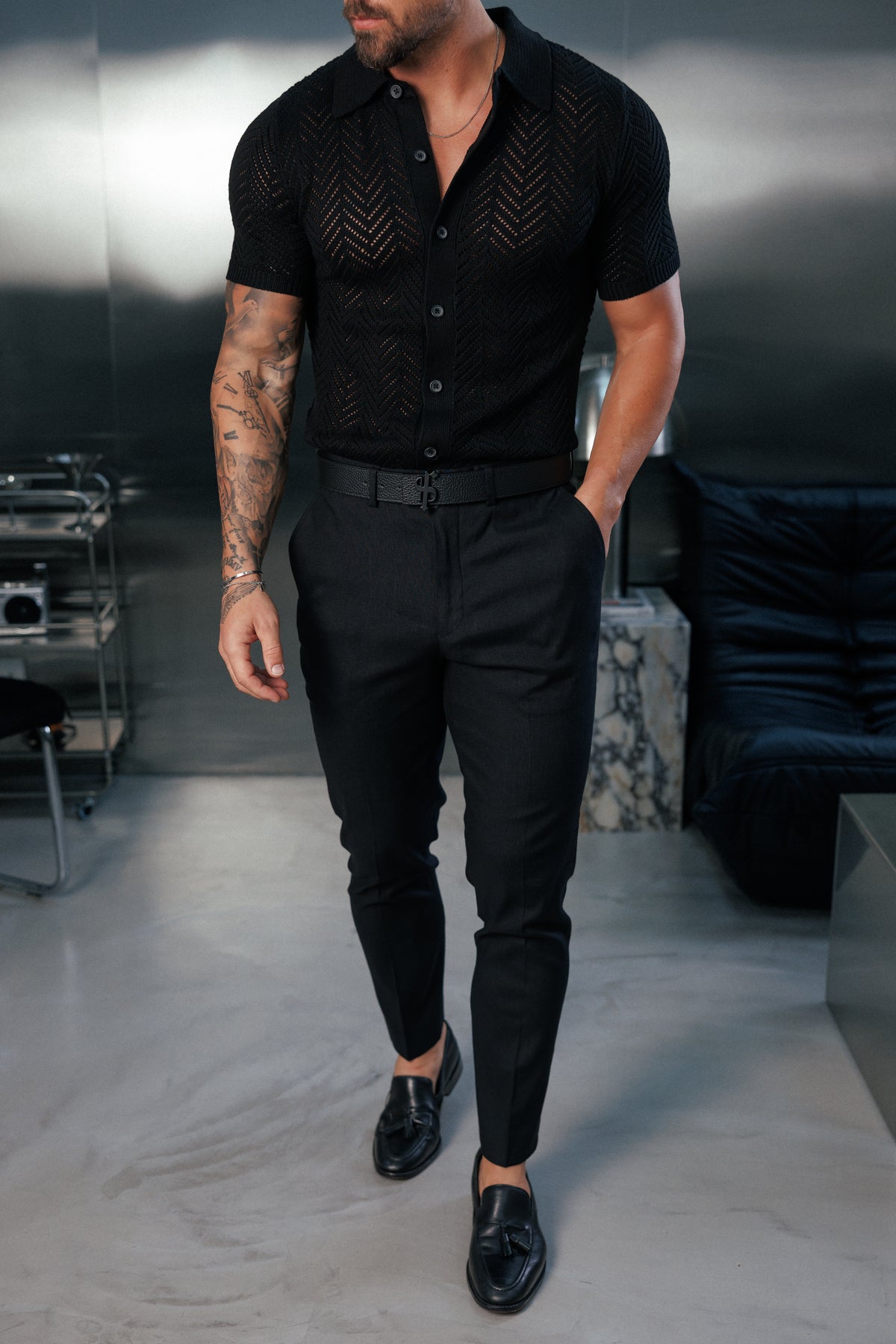 Slim Formal Black Linen Trousers With Belt Loops - FST048