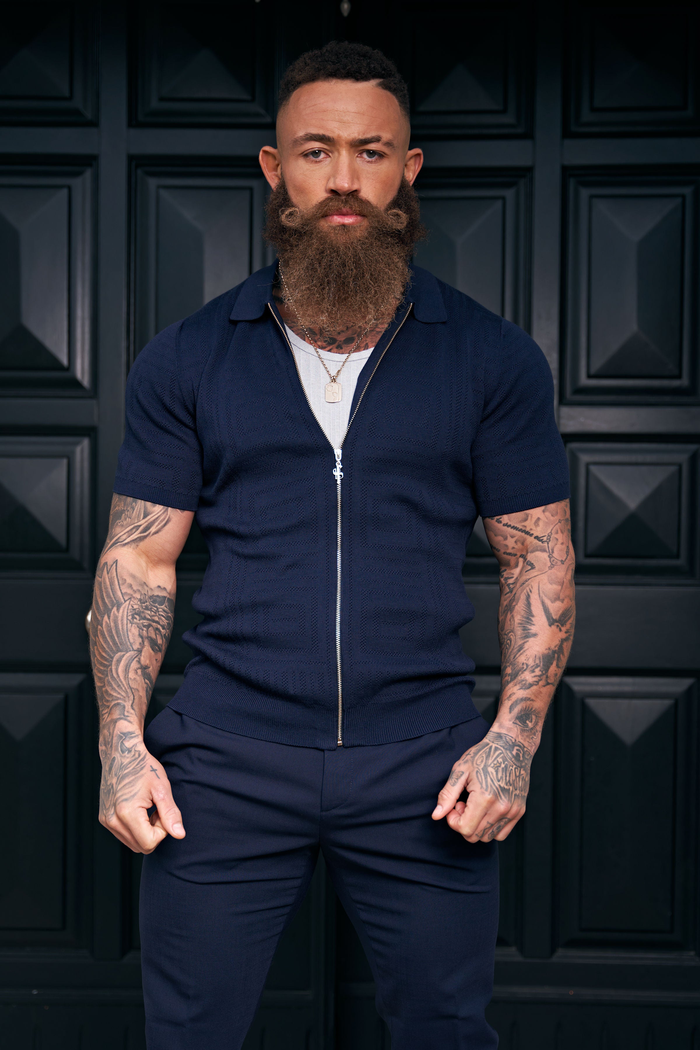 Classic Knitted Geo Design With Full Length Zip Navy Short Sleeve - FSN149
