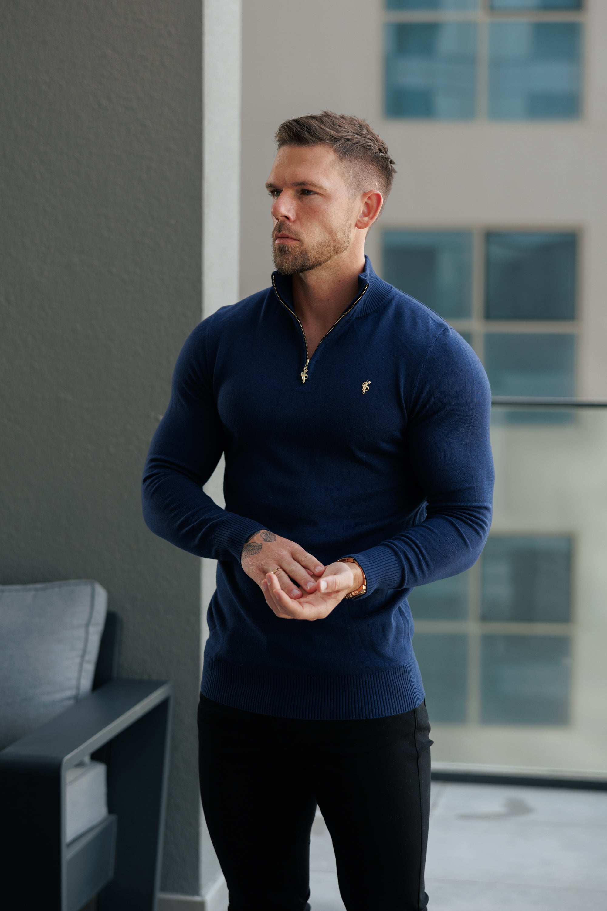 Navy Funnel Neck Knitted Jumper With FS Branding - FSN191