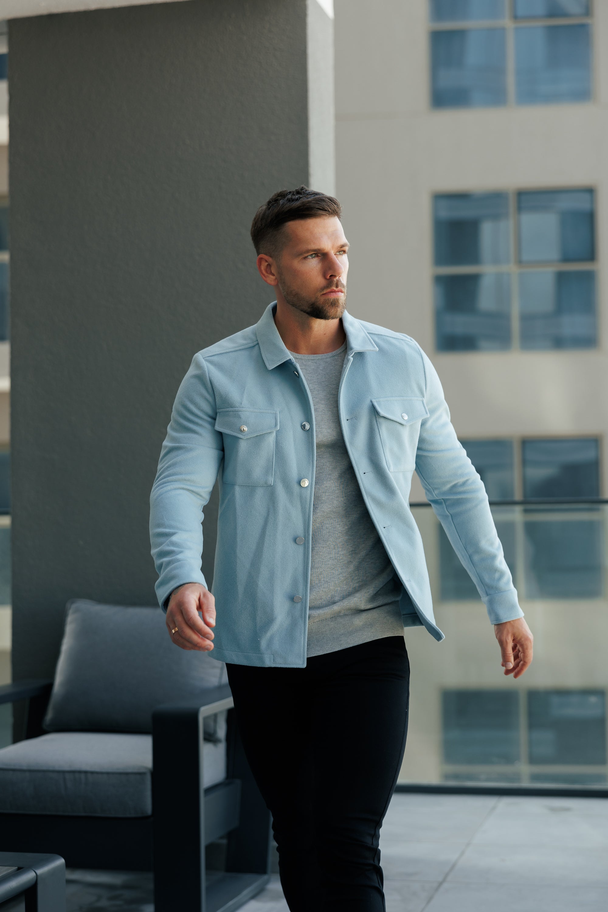 Brushed Button Up Plain Jacket Blue - FSN185
