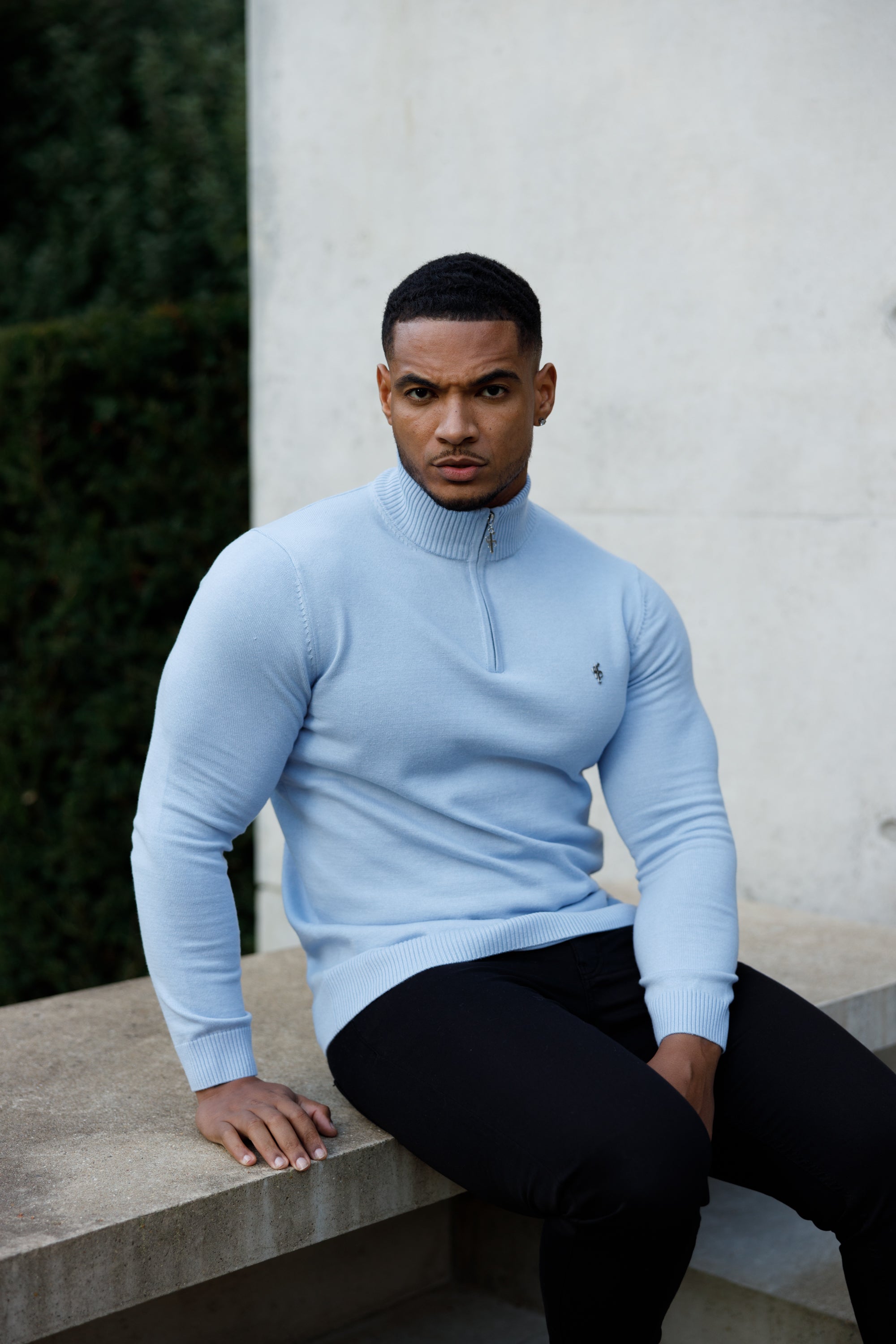 Light Blue Funnel Neck 1/2 Zip Knitted Jumper - FSN119