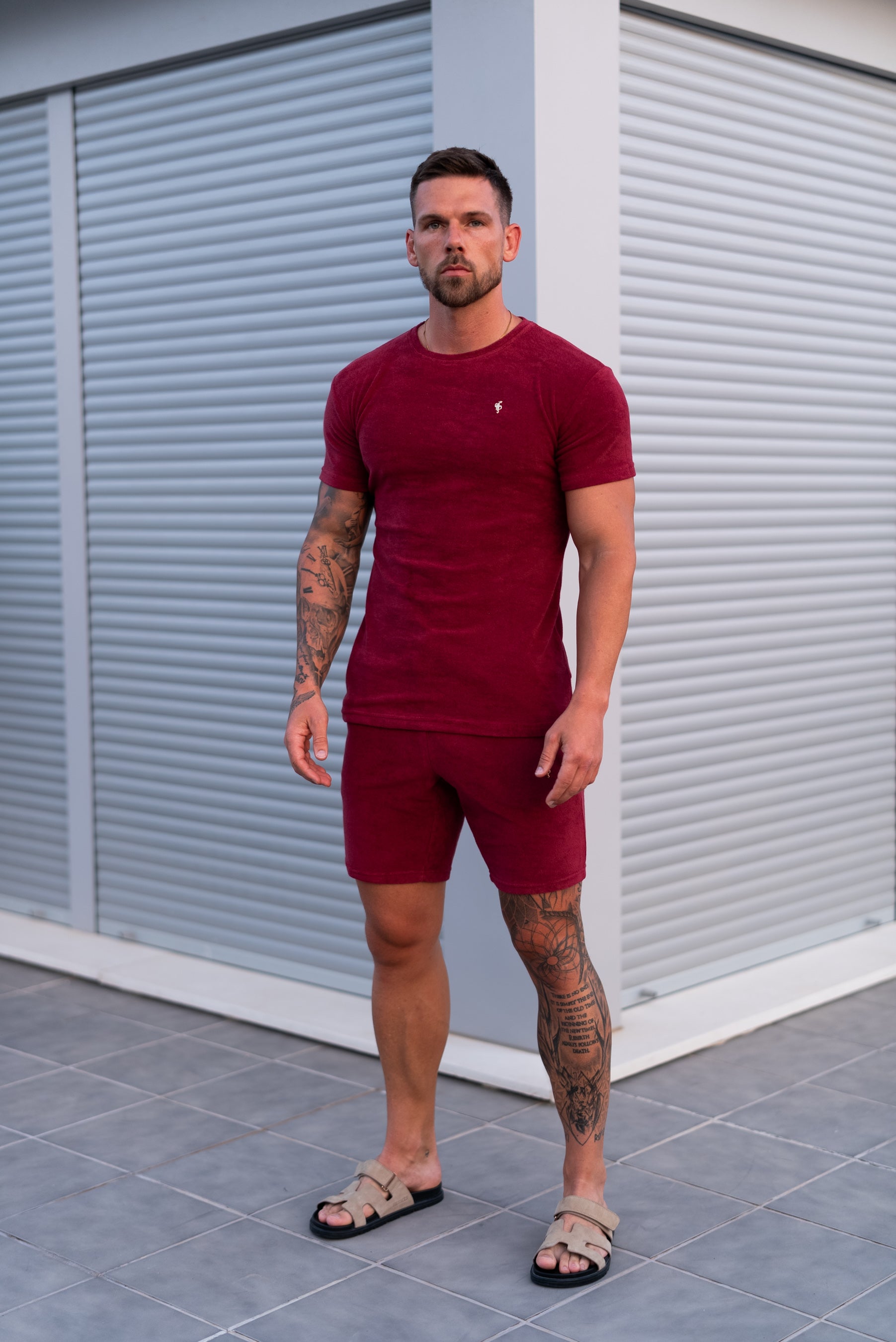Burgundy / Gold Towelling Crew T Shirt - FSH1349