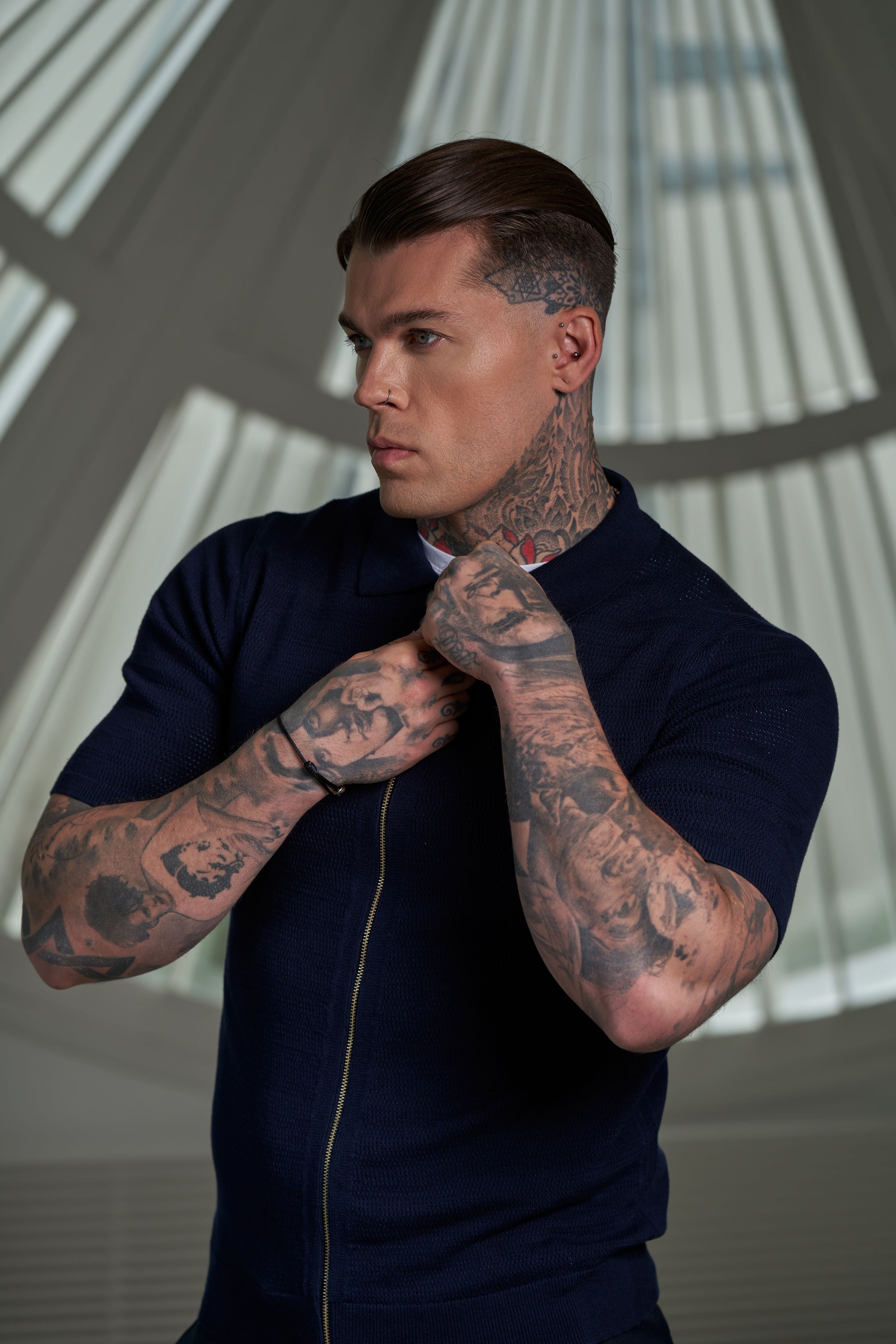Classic Knitted Textured Design With Full Length Zip Navy Short Sleeve - FSN153