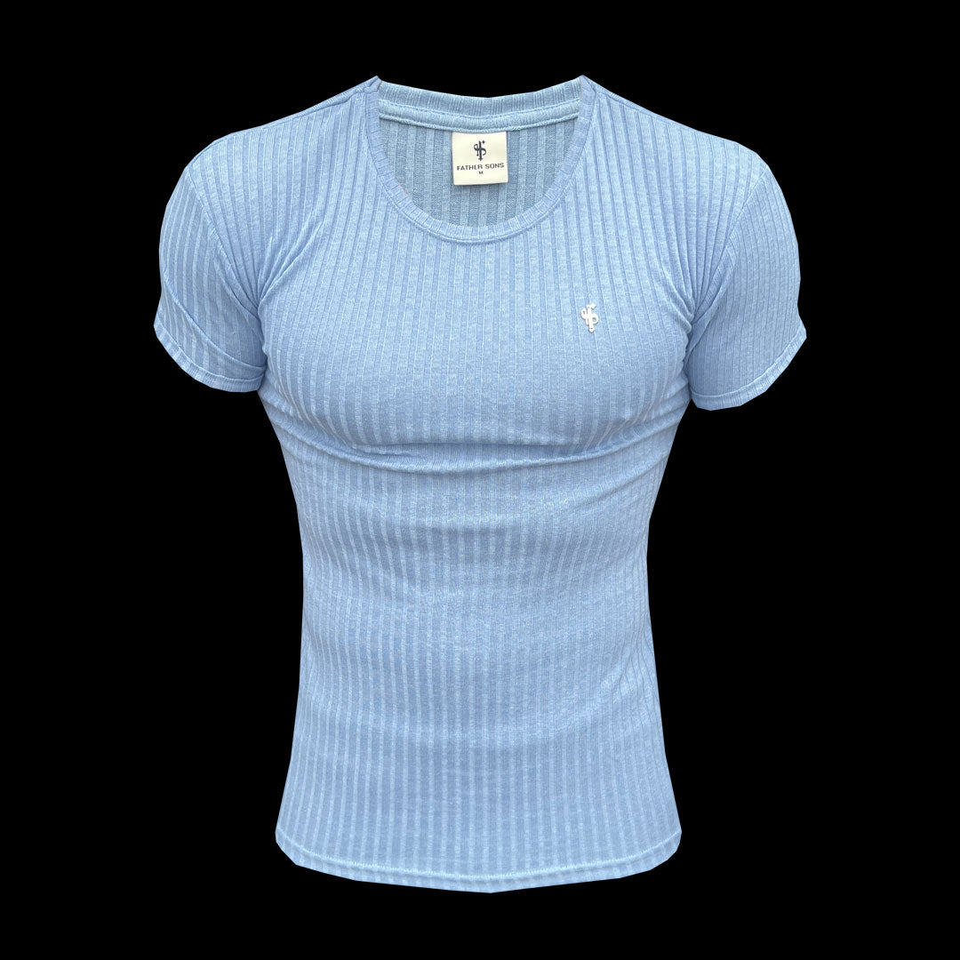 Classic Light Blue / Silver Ribbed Knit Super Slim Short Sleeve Crew T-Shirt - FSH1087
