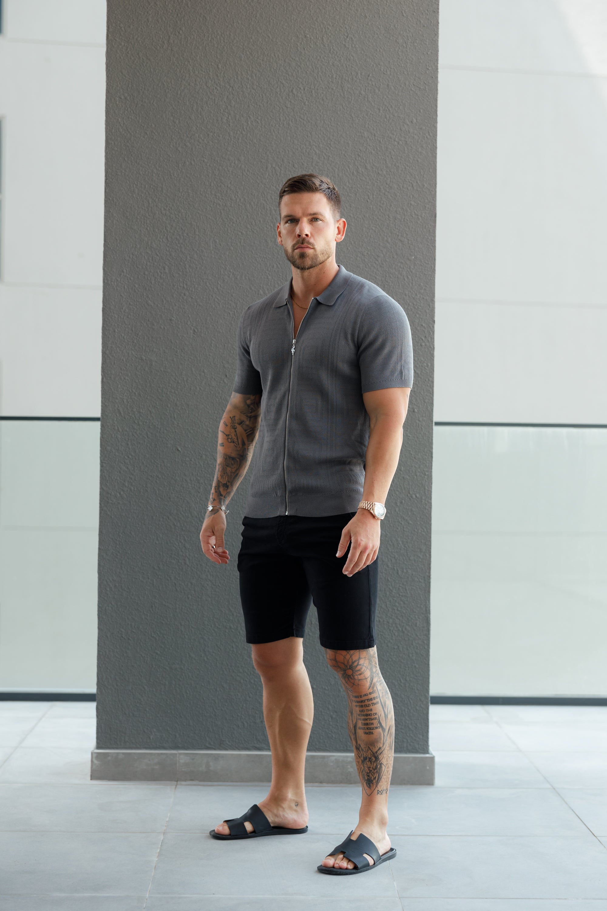 Classic Knitted Geo Design With Full Length Zip Gunmetal Short Sleeve - FSN150