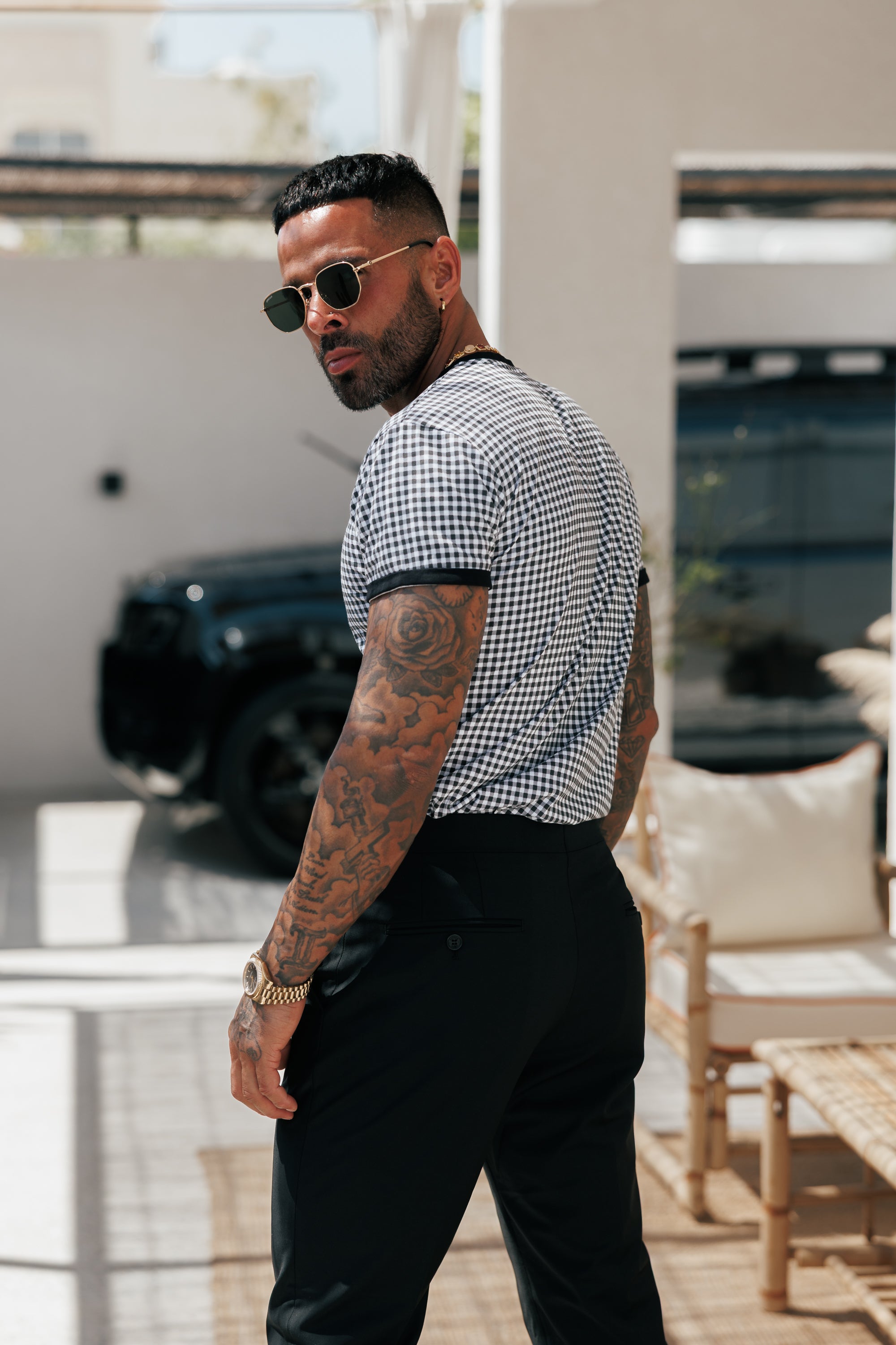 Printed Black / White Check Fitted T Shirt - FSH1238