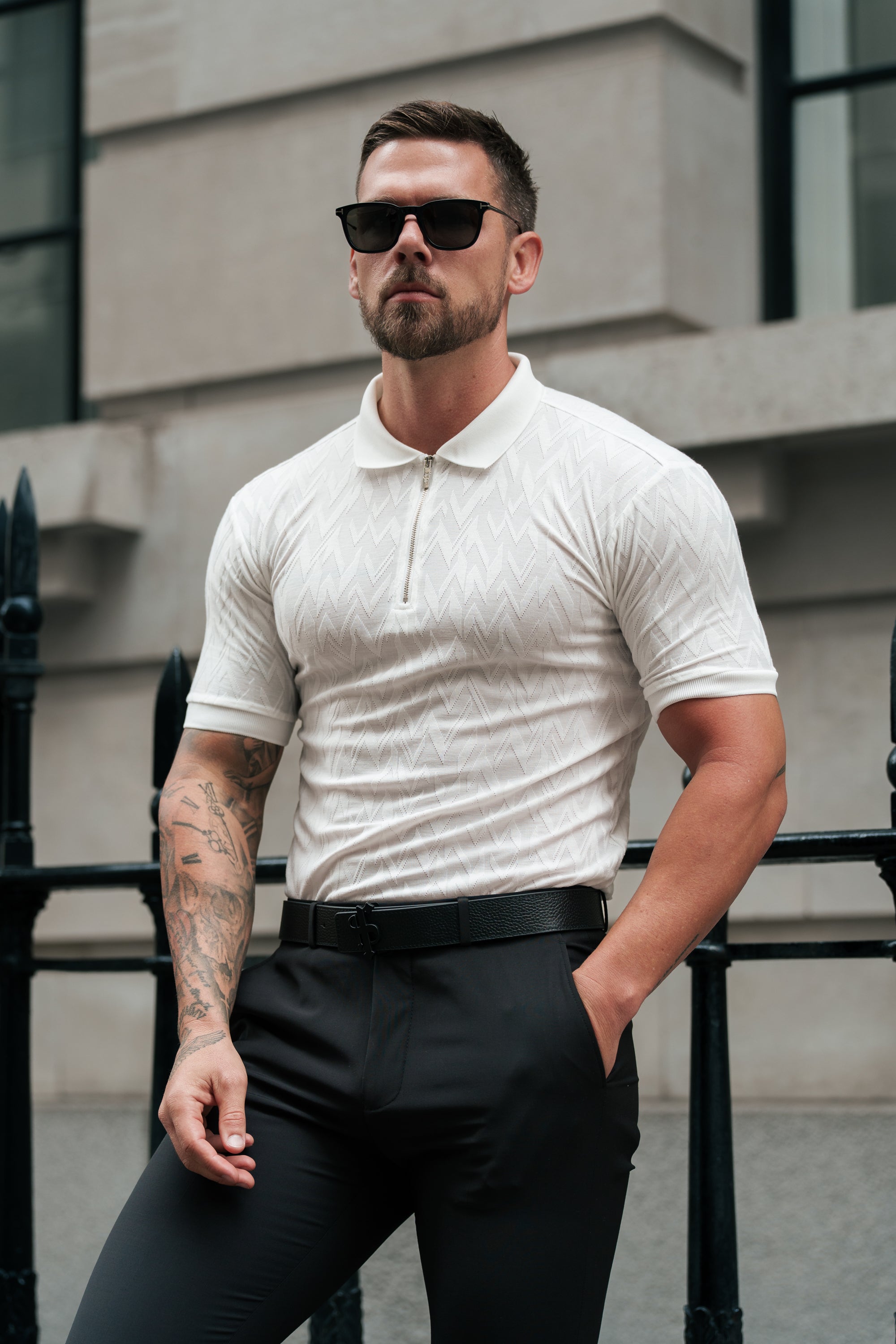 Classic Jacquard White Chevron Zipped Polo - FSR020