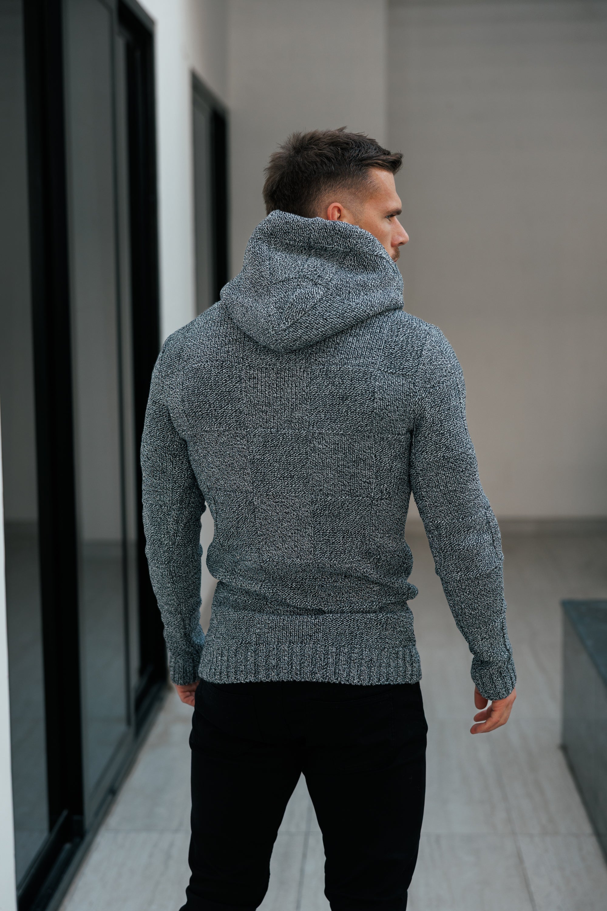 Black / White Two Tone Checkerboard Knitted Hoodie - FSJ134