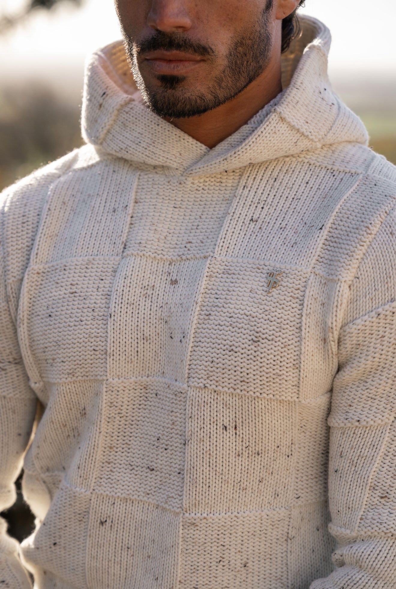 Beige Fleck Checkerboard Knitted Hoodie - FSJ133