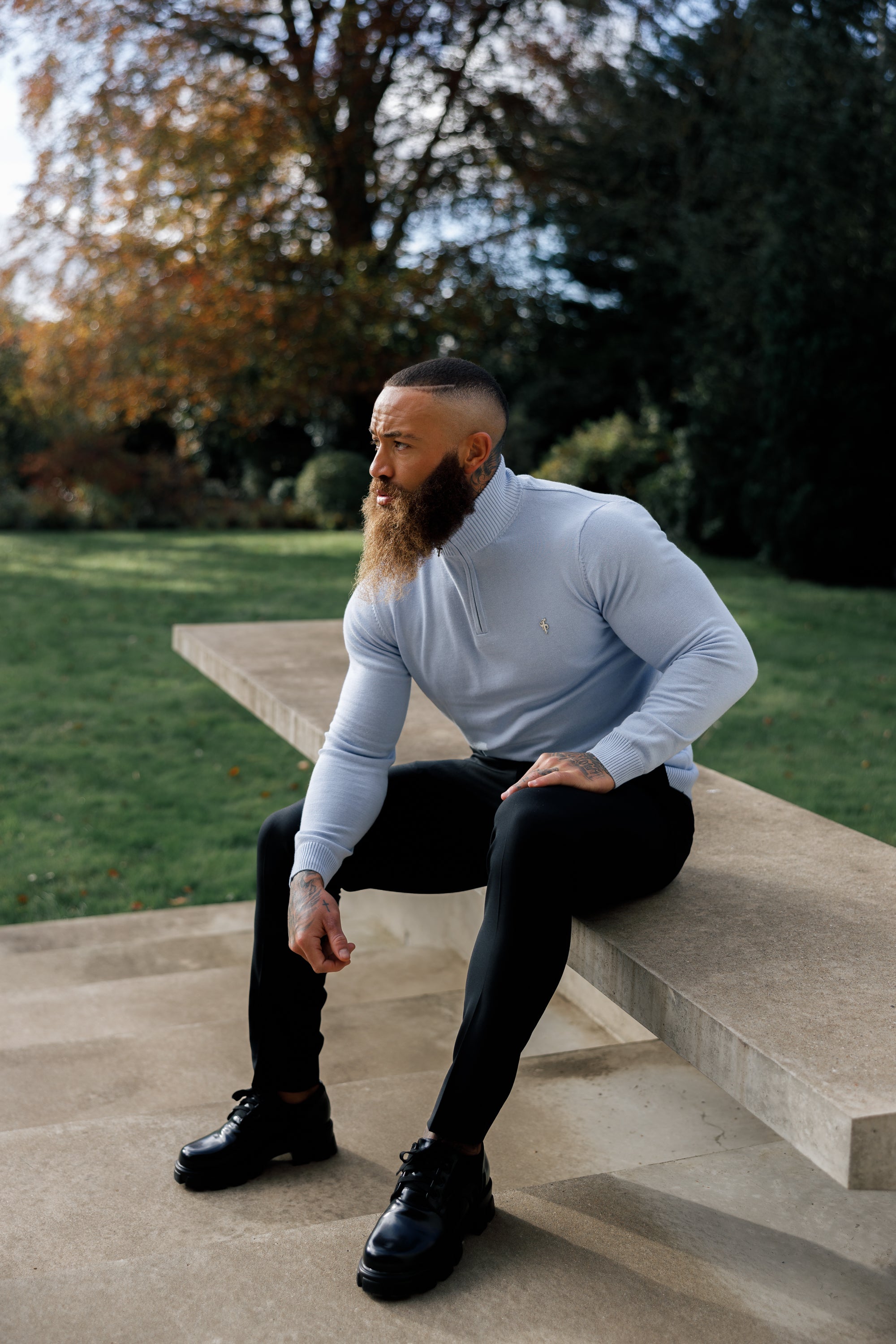 Light Blue Funnel Neck 1/2 Zip Knitted Jumper - FSN119