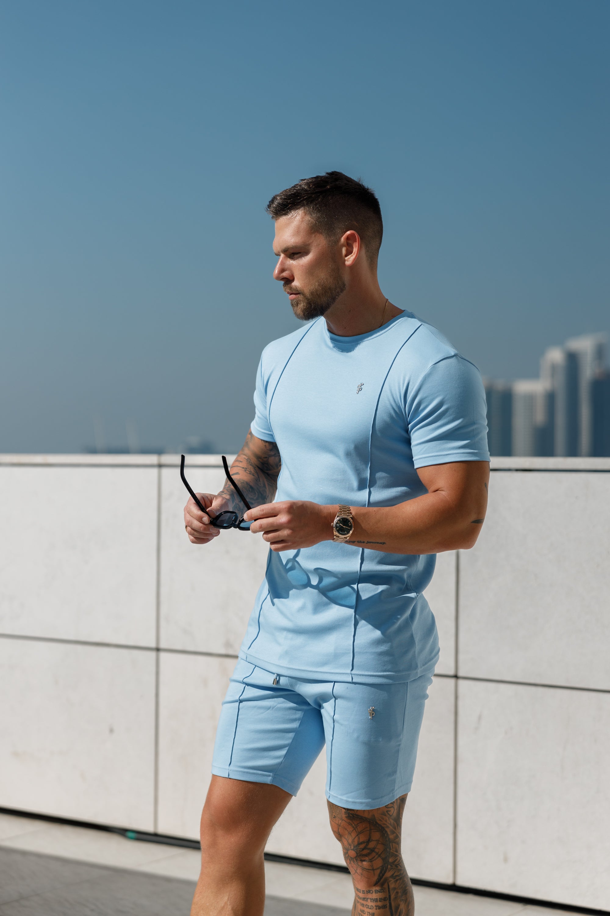 Light Blue / Silver Crew T Shirt With Pintuck Detail - FSH1051