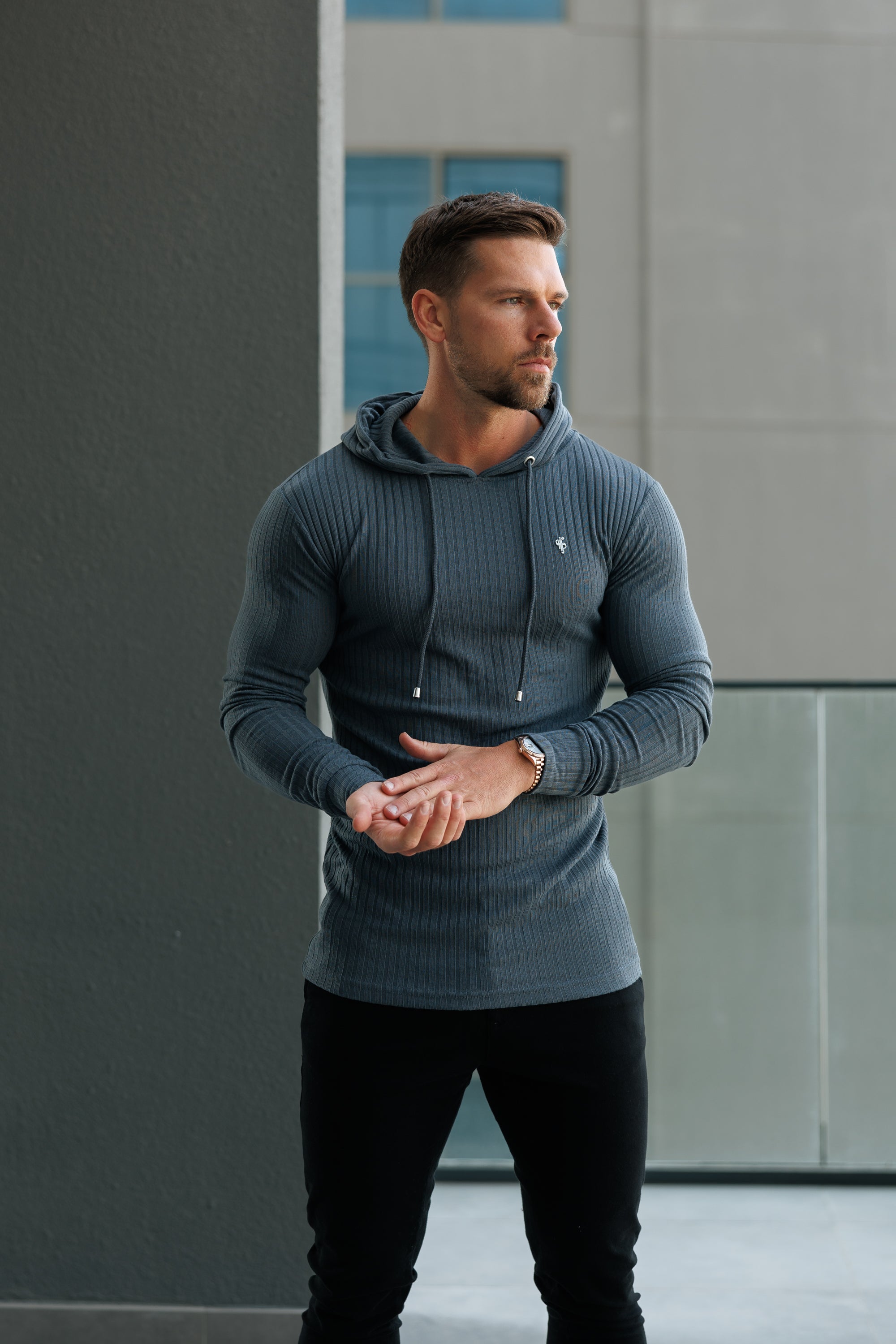 Classic Charcoal Ribbed Knit Hoodie Jumper With Silver Emblem - FSH1309