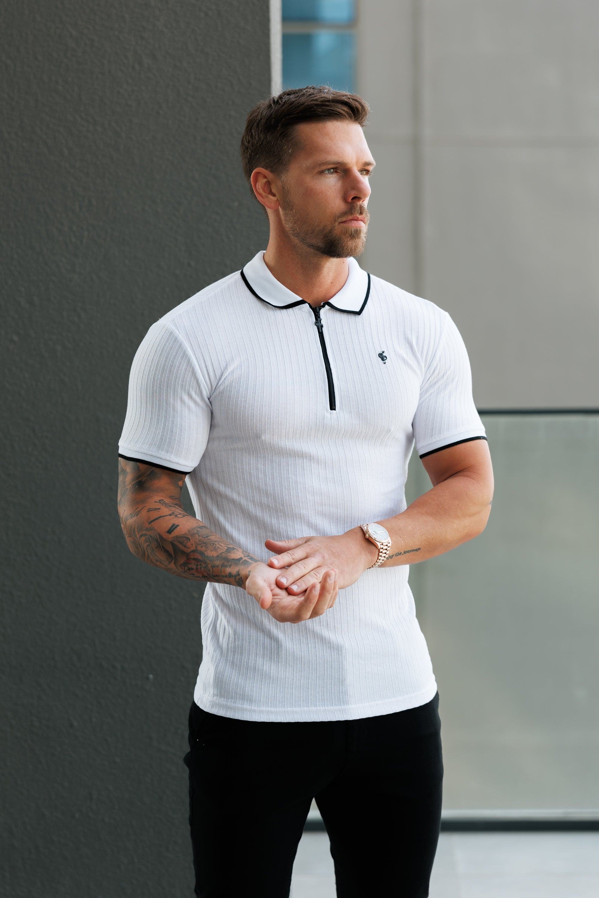 Classic White Ribbed Zip Polo with Contrast Short Sleeve - FSH1102