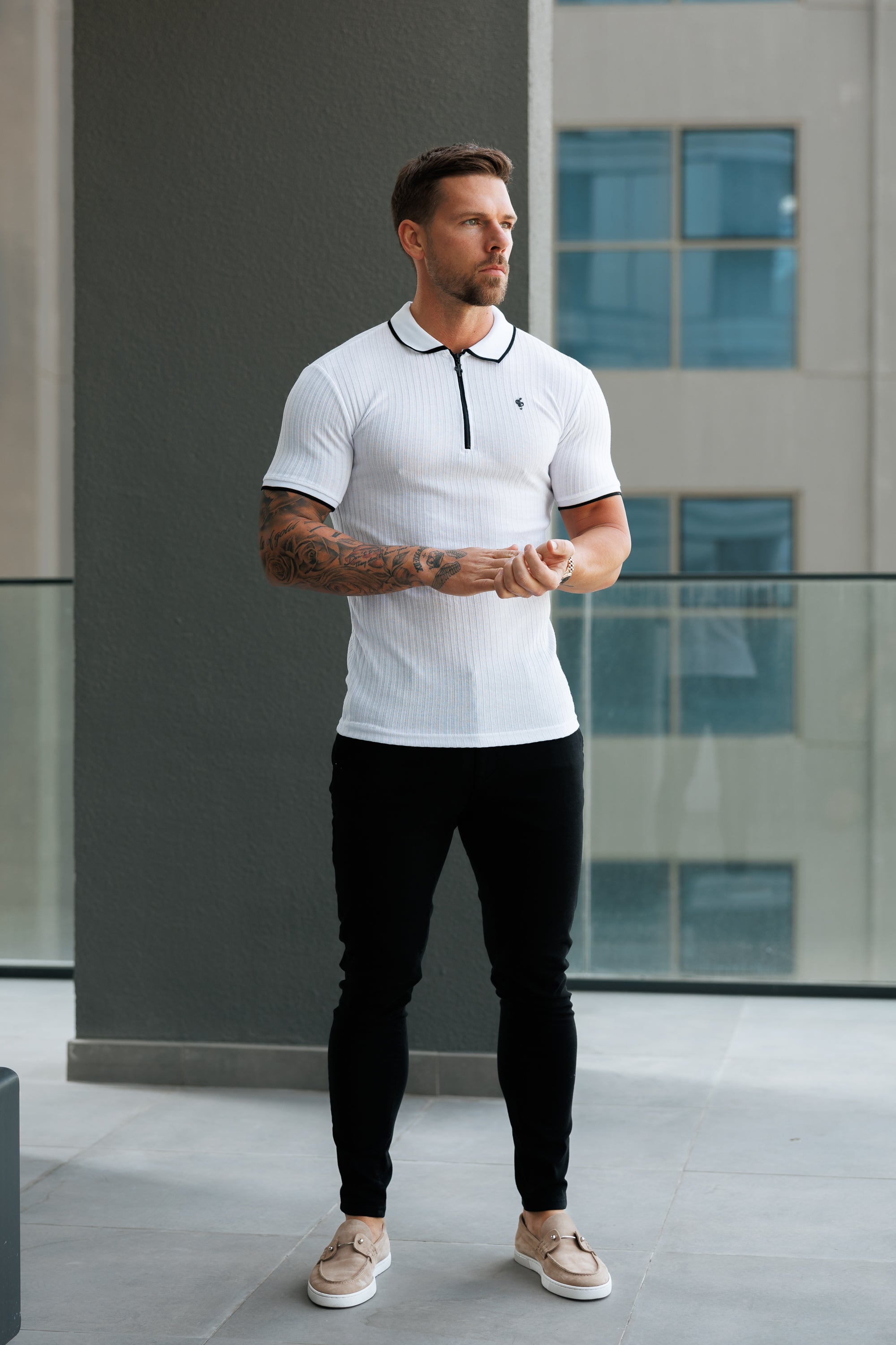 Classic White Ribbed Zip Polo with Contrast Short Sleeve - FSH1102