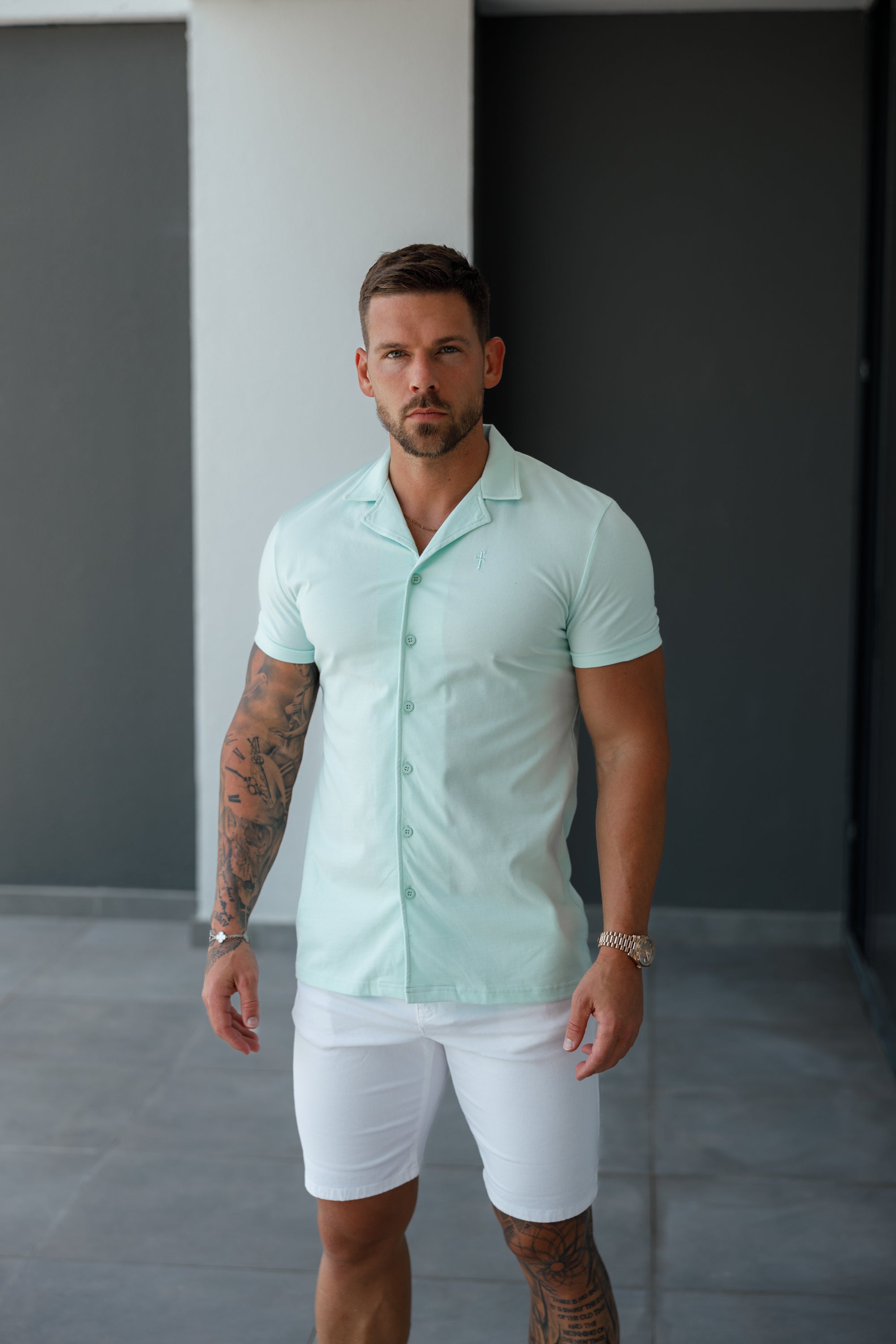Stretch Mint Pique Revere Shirt Short Sleeve - FSH1078