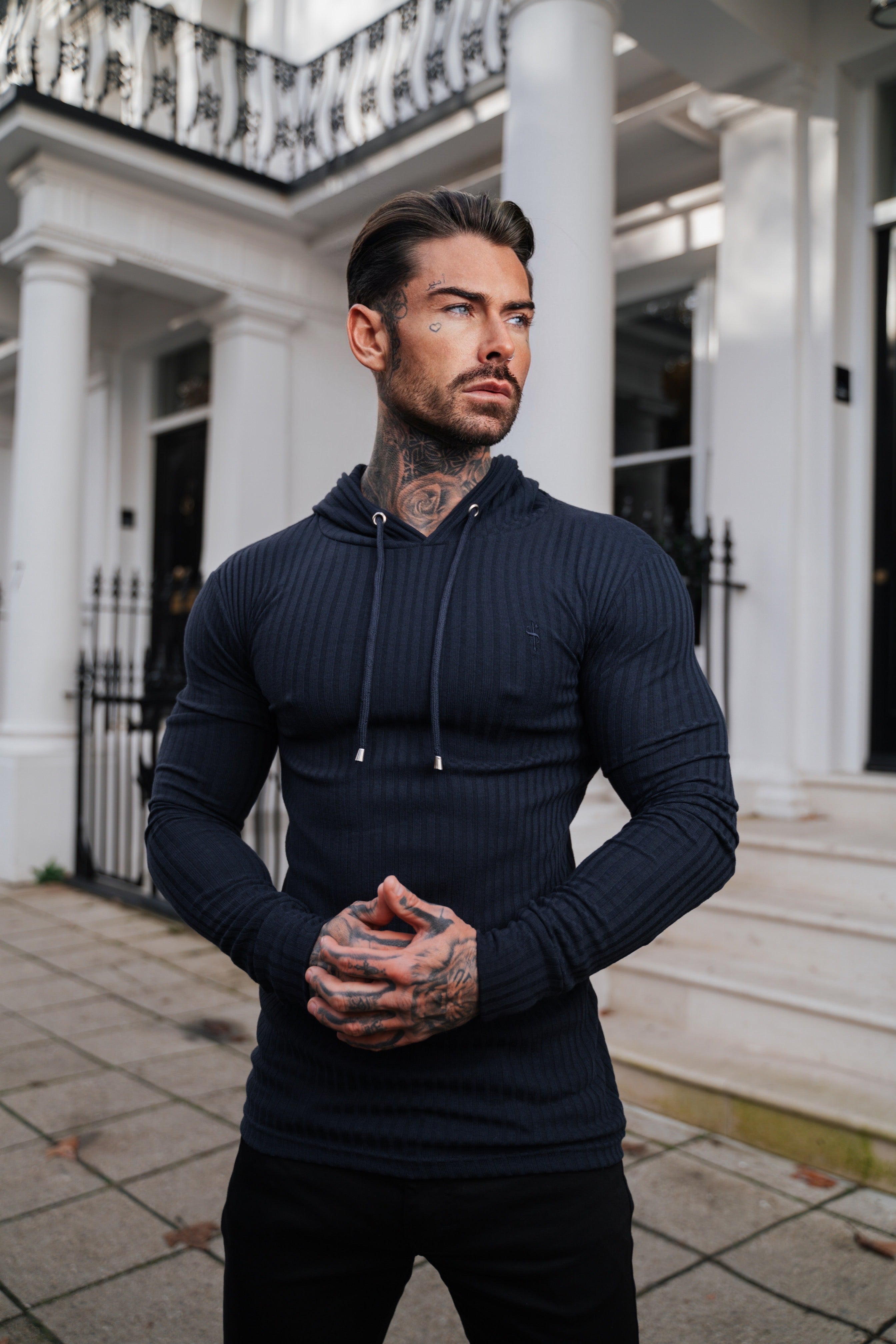 Classic Navy Ribbed Knit Hoodie Jumper - FSH904