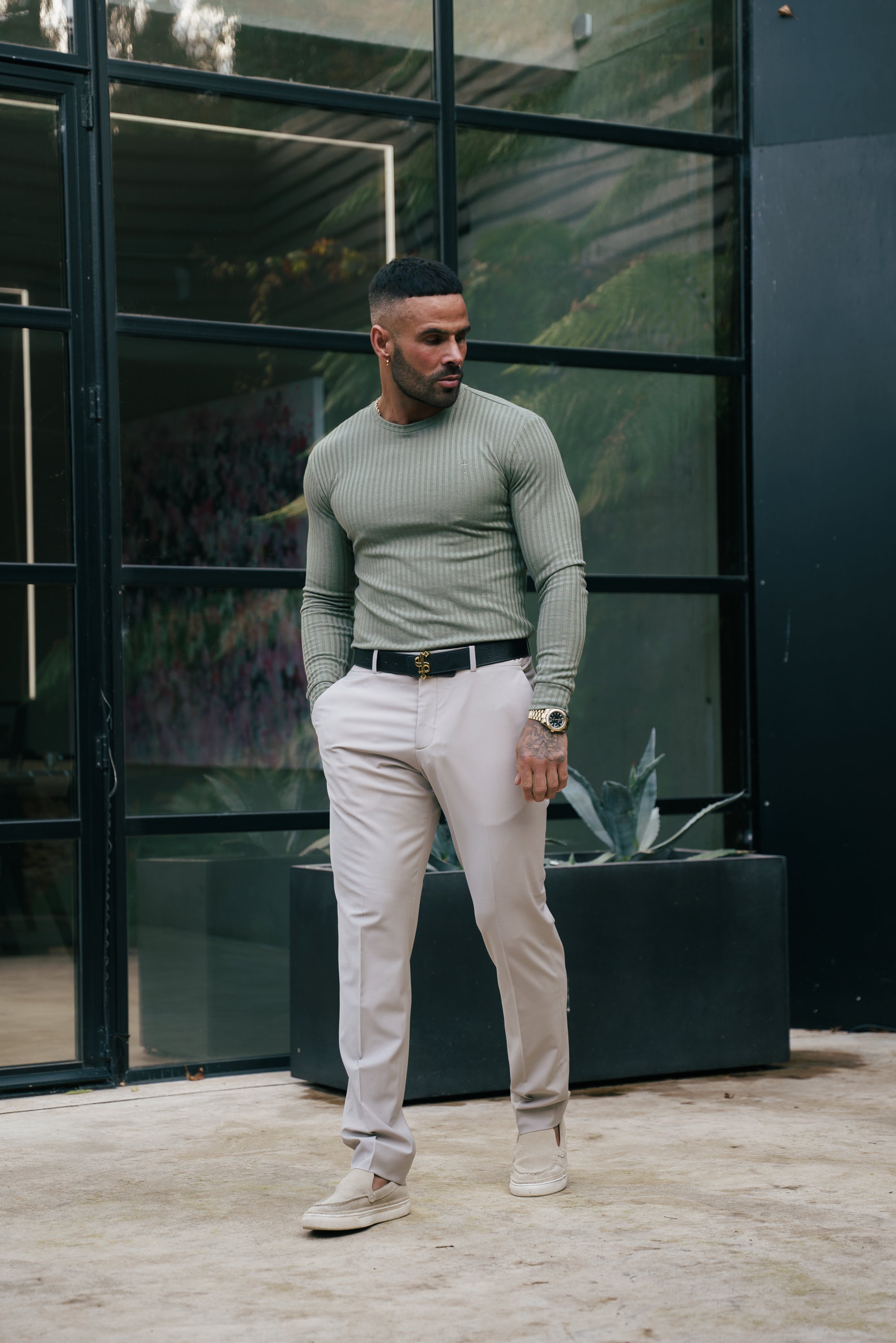 Classic Olive Ribbed Knit Jumper With Tonal Embroidery - FSH1285