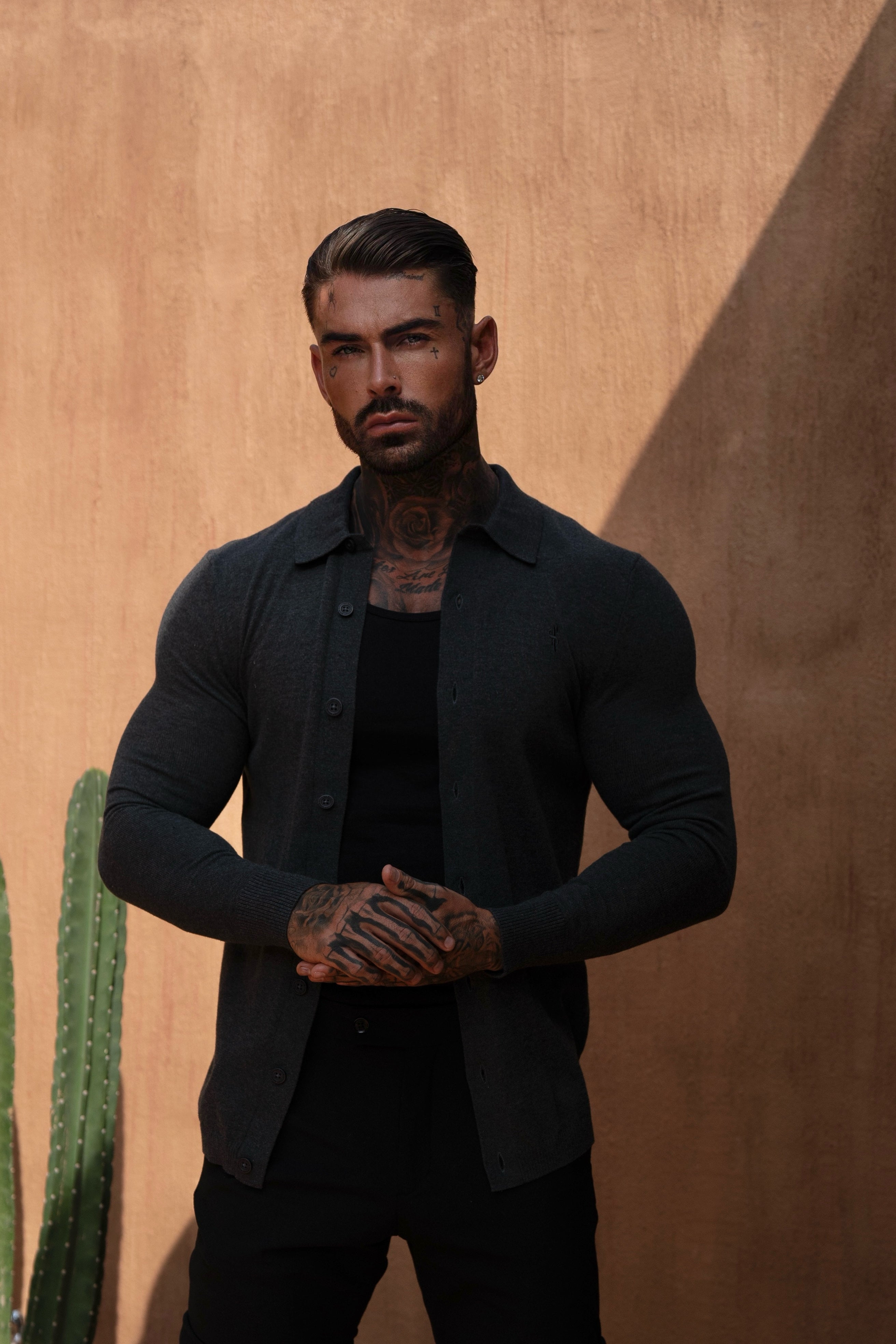 Classic Plain Charcoal Knitted Button Through Polo Long Sleeve - FSN168