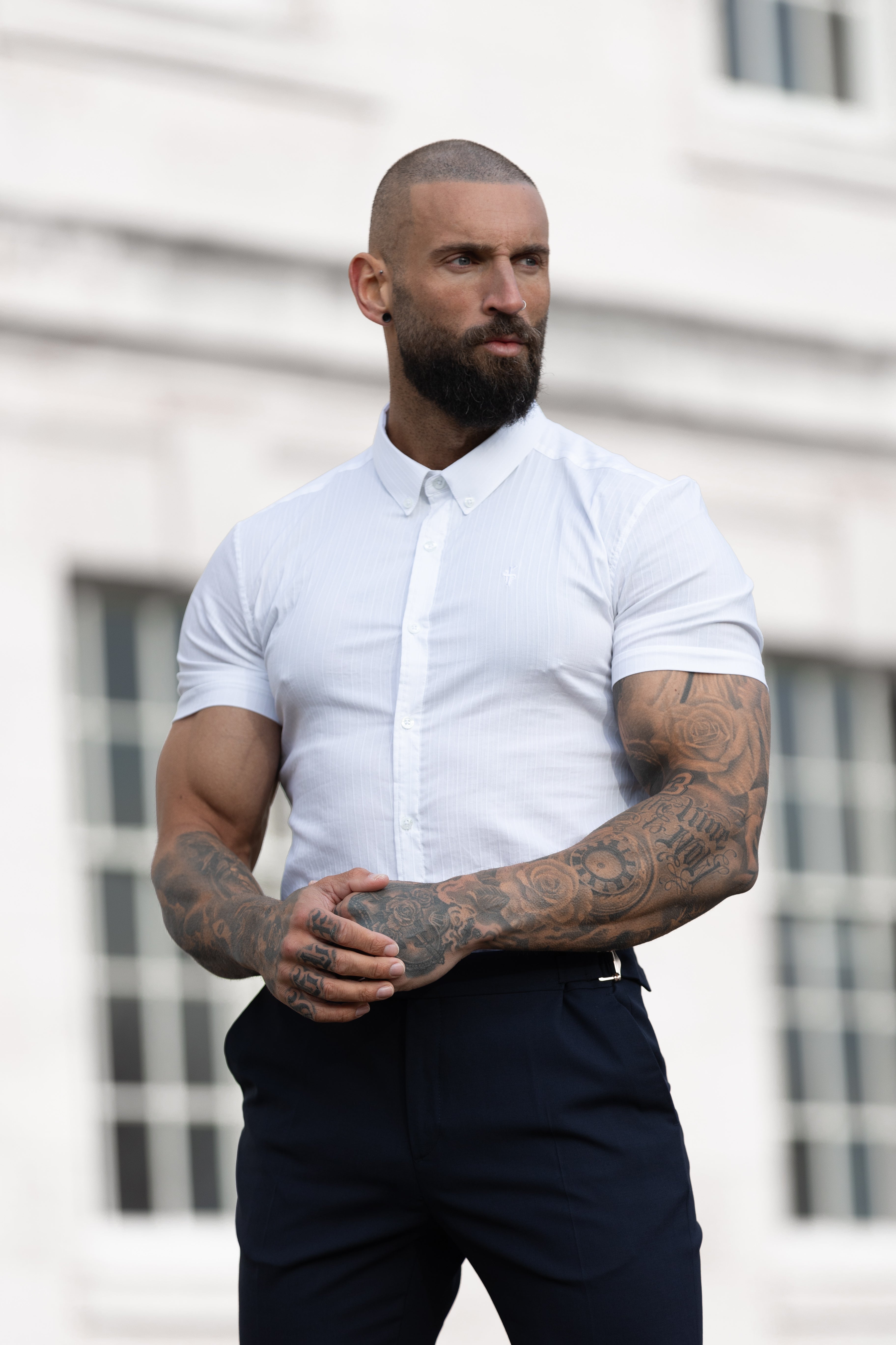 Super Slim Stretch White Self Woven Stripe Short Sleeve with Button Down Collar - FS988