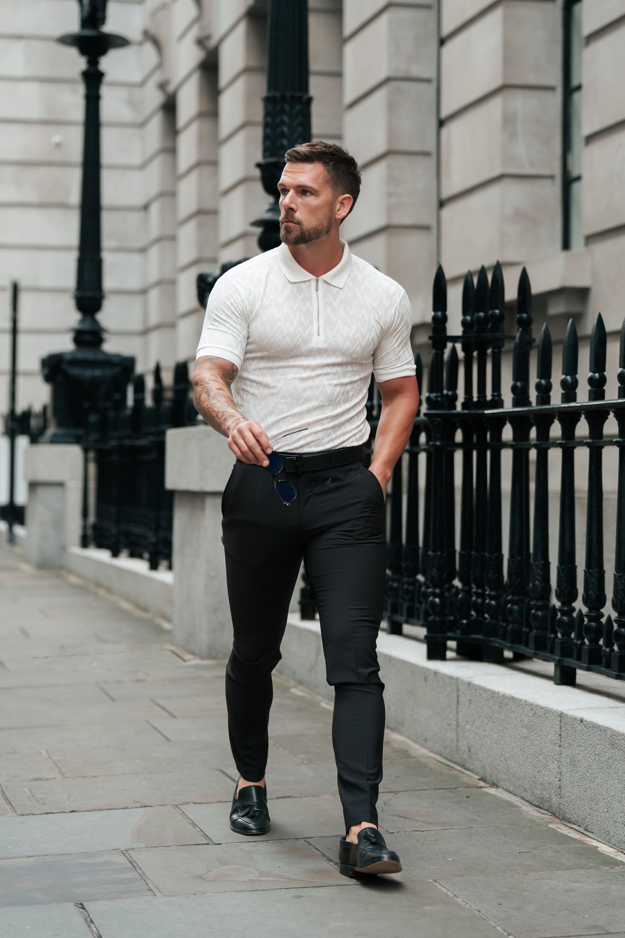 Classic Jacquard White Chevron Zipped Polo - FSR020