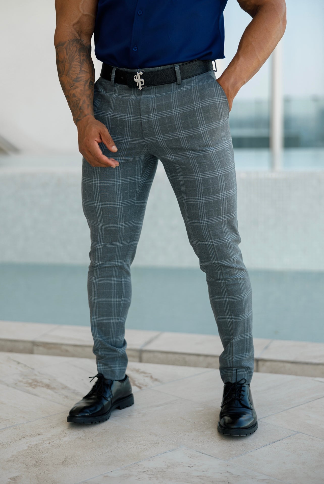 Slim Formal Large Silver Grey Check Stretch Trousers - FST005