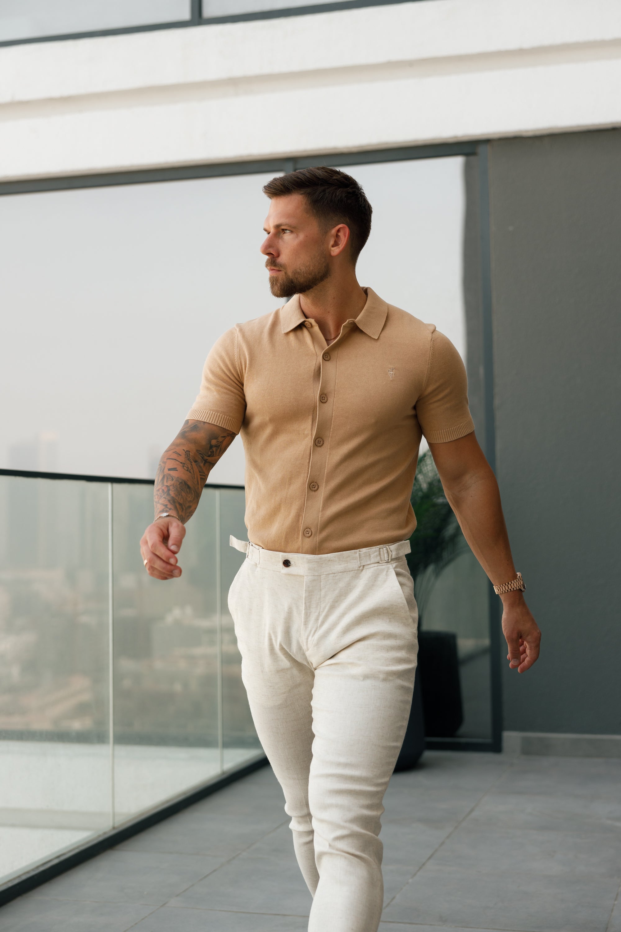 Classic Plain Coffee Knitted Button Through Polo Short Sleeve - FSN163