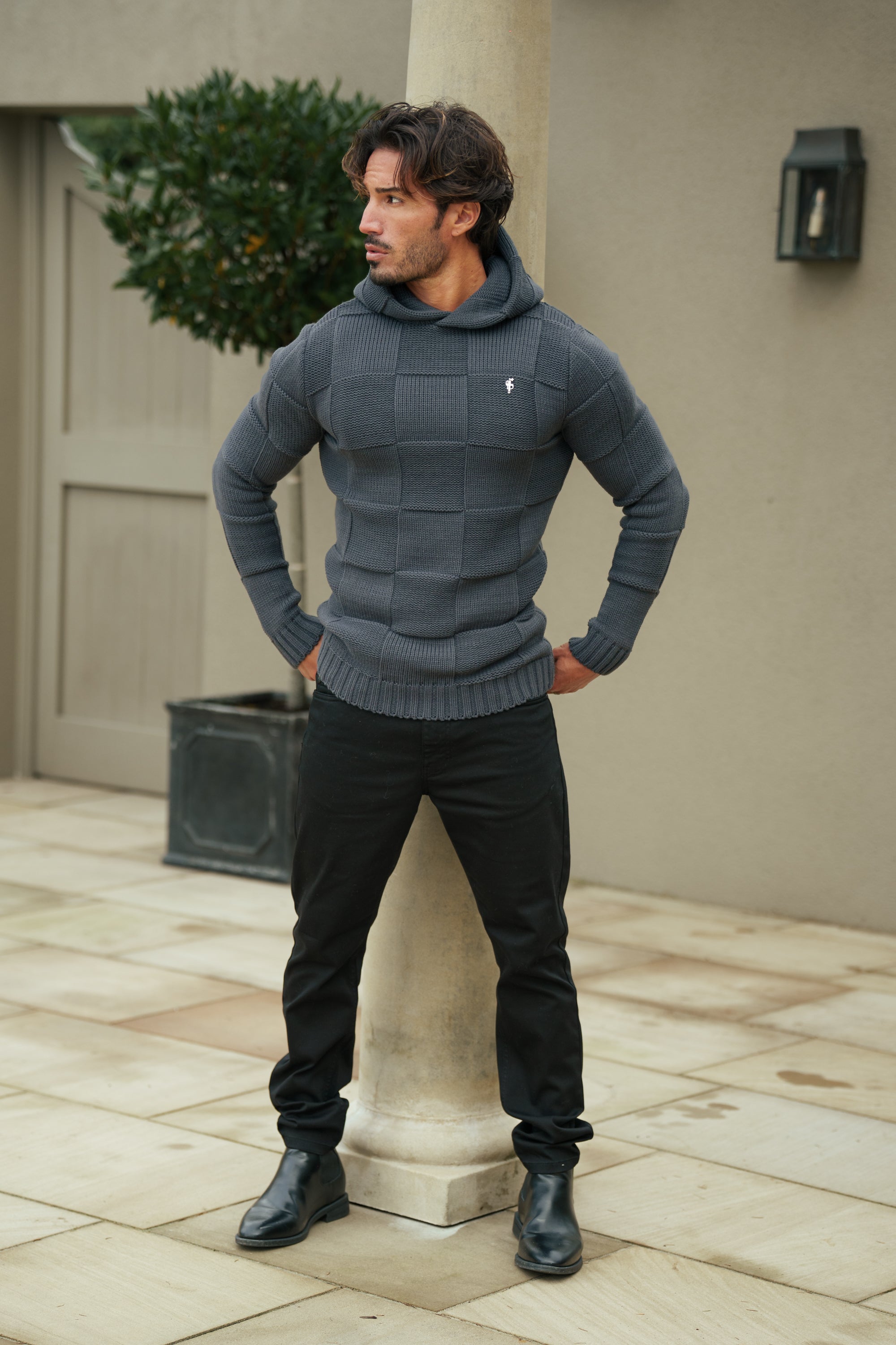 Gunmetal Checkerboard Knitted Hoodie - FSJ136