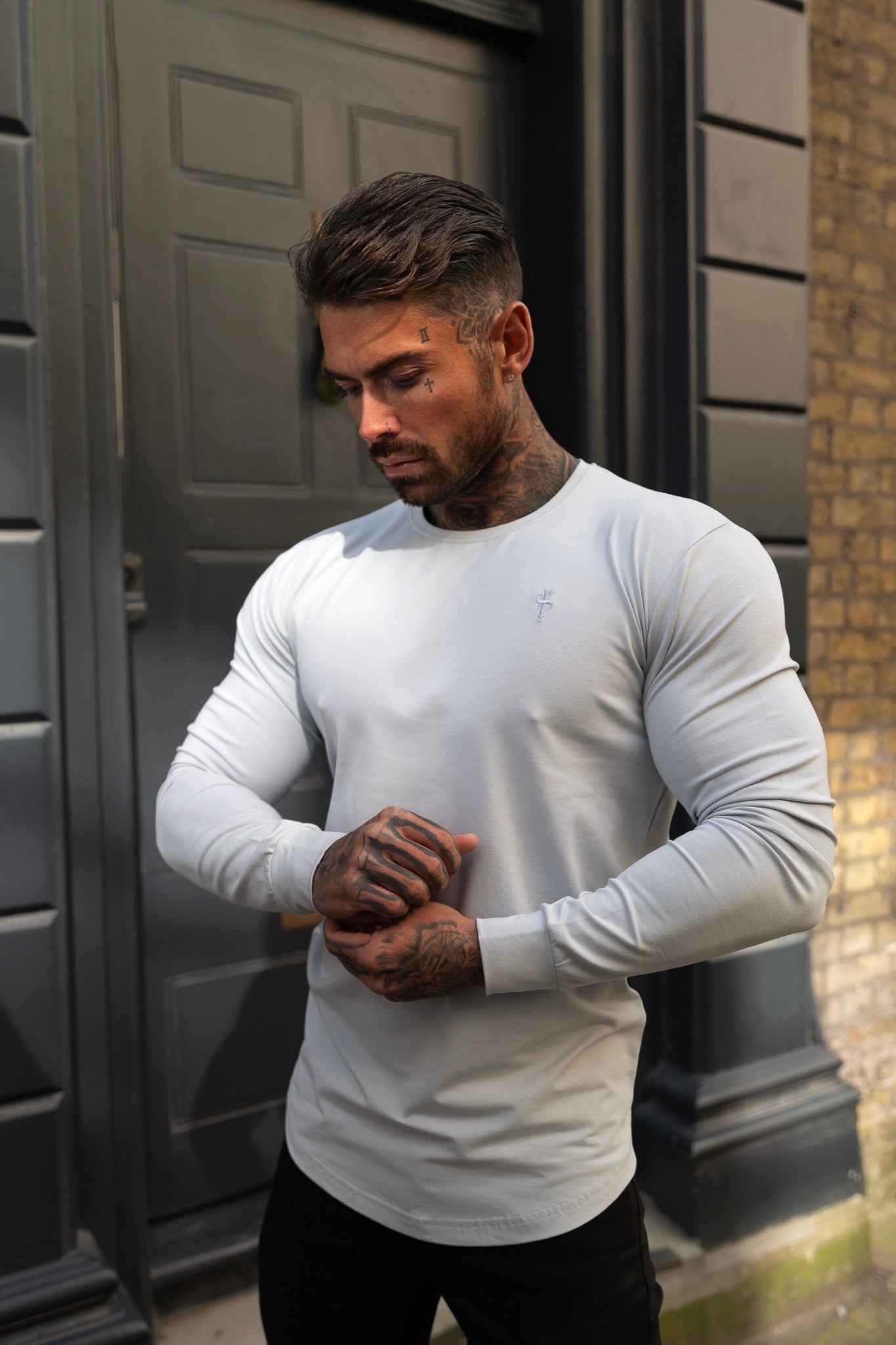 Classic Grey Tonal Curved Hem Long Sleeve Crew T Shirt - FSH998