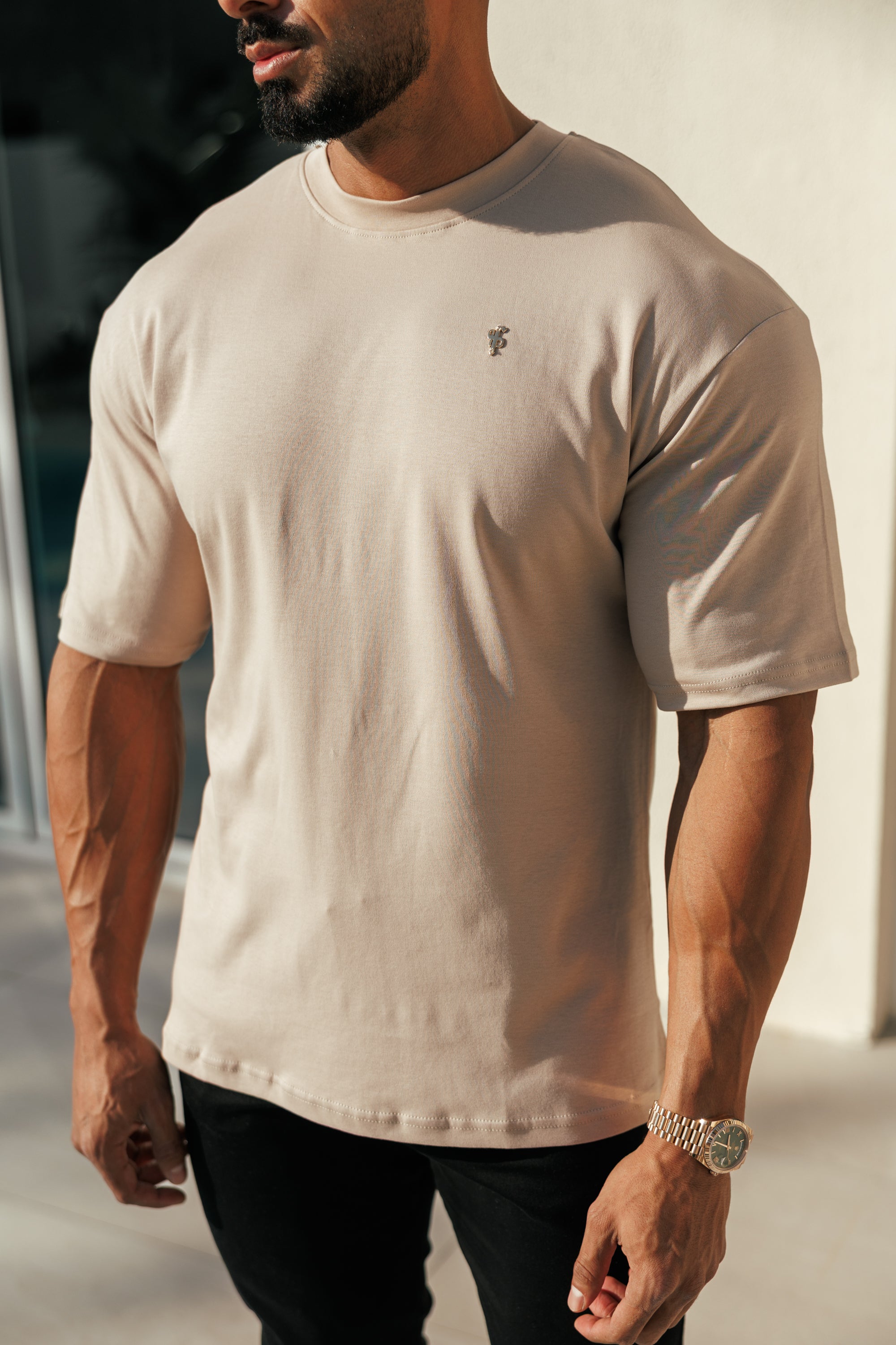 Beige / Gold Oversized Crew T Shirt - FSH1420