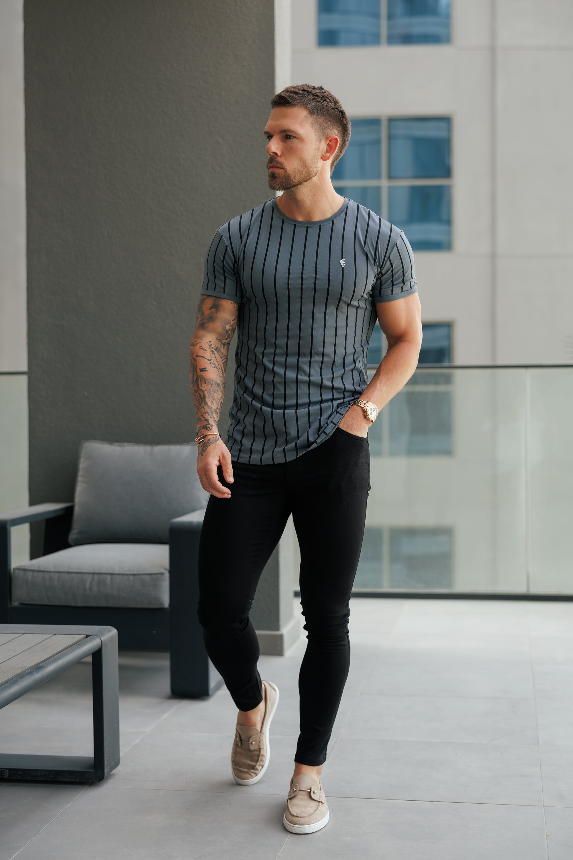 Printed Charcoal / Black Stripe Fitted T Shirt - FSH1375