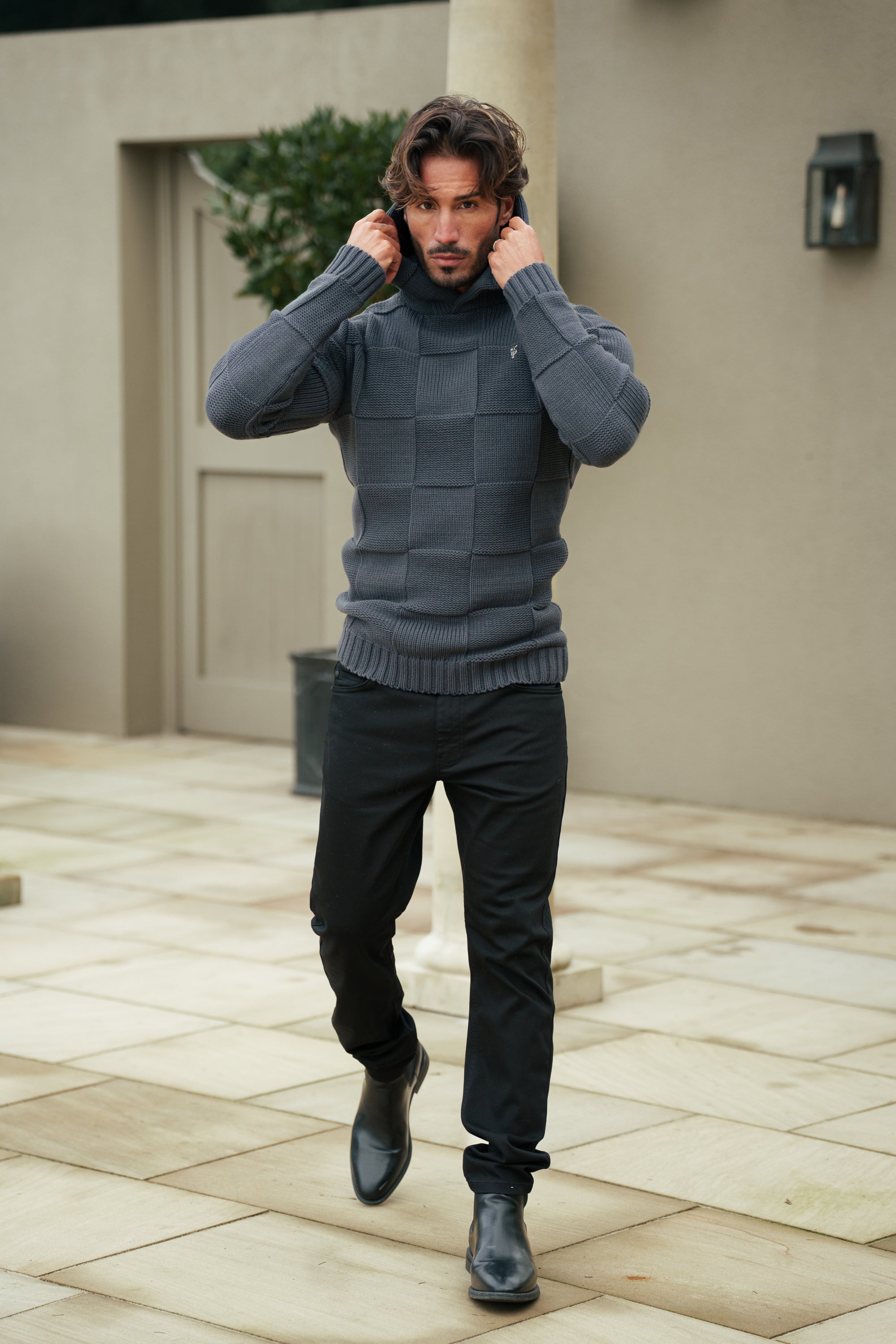 Gunmetal Checkerboard Knitted Hoodie - FSJ136