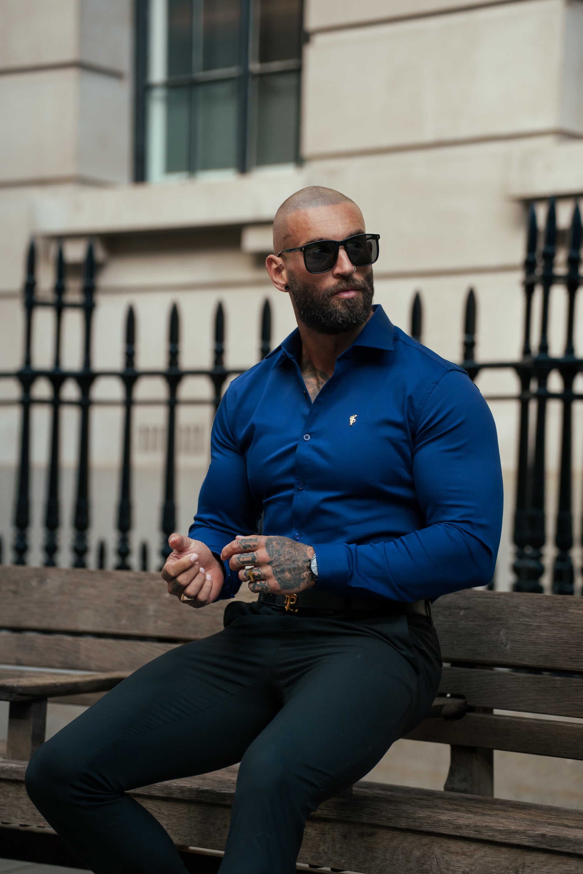 Super Slim Stretch Navy Denim Long Sleeve with Cutaway Collar - FS1149