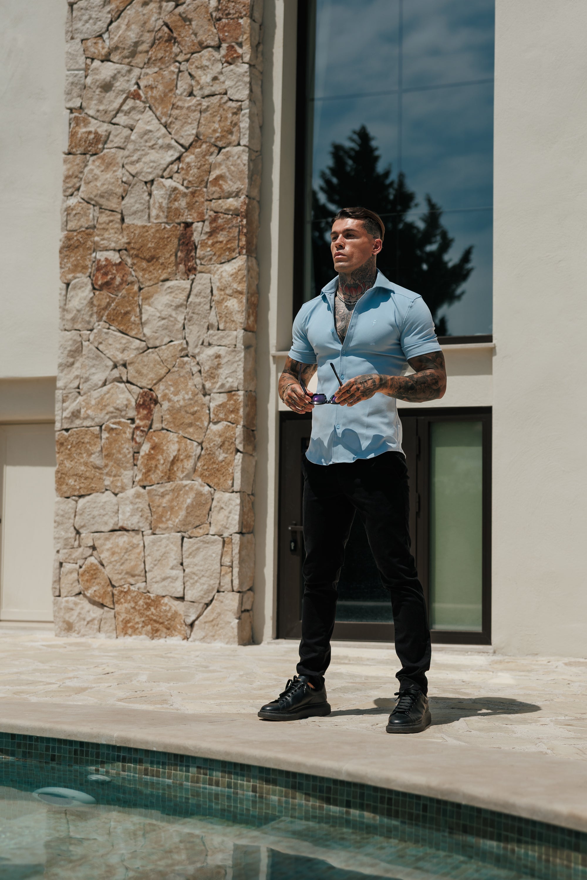 Super Slim Scuba Light Blue Short Sleeve Stretch with Cutaway Collar - FS1236