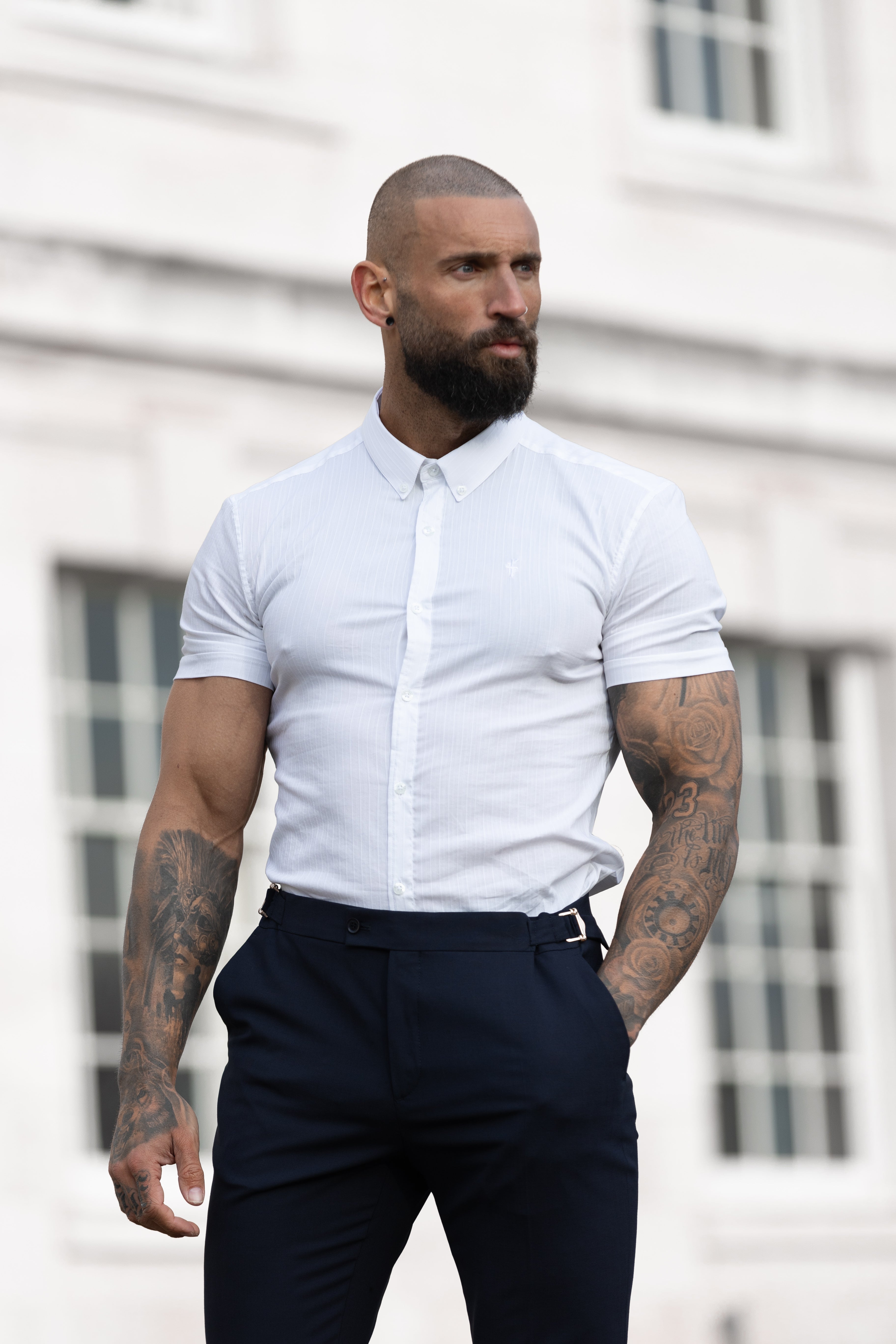 Super Slim Stretch White Self Woven Stripe Short Sleeve with Button Down Collar - FS988