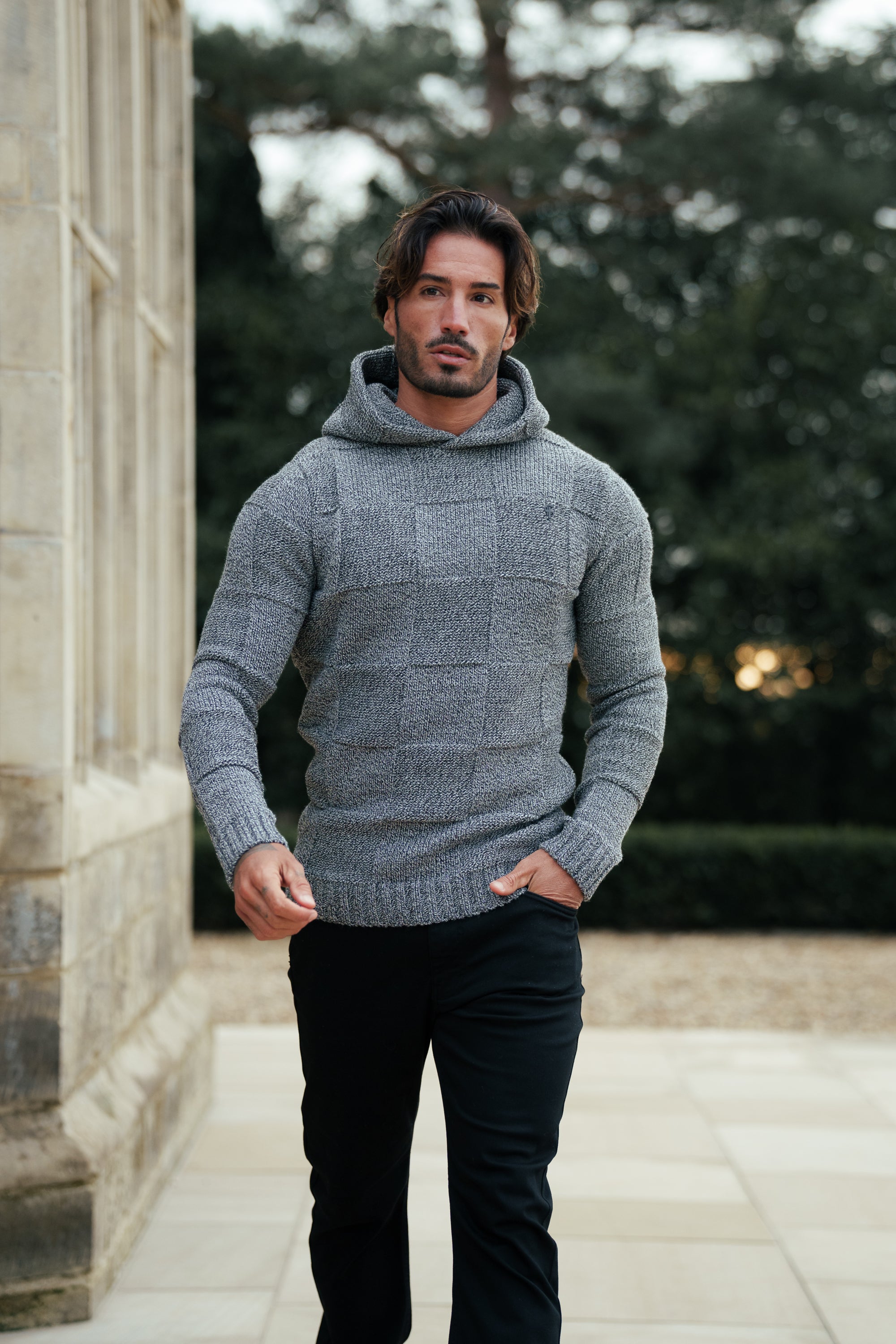 Black / White Two Tone Checkerboard Knitted Hoodie - FSJ134