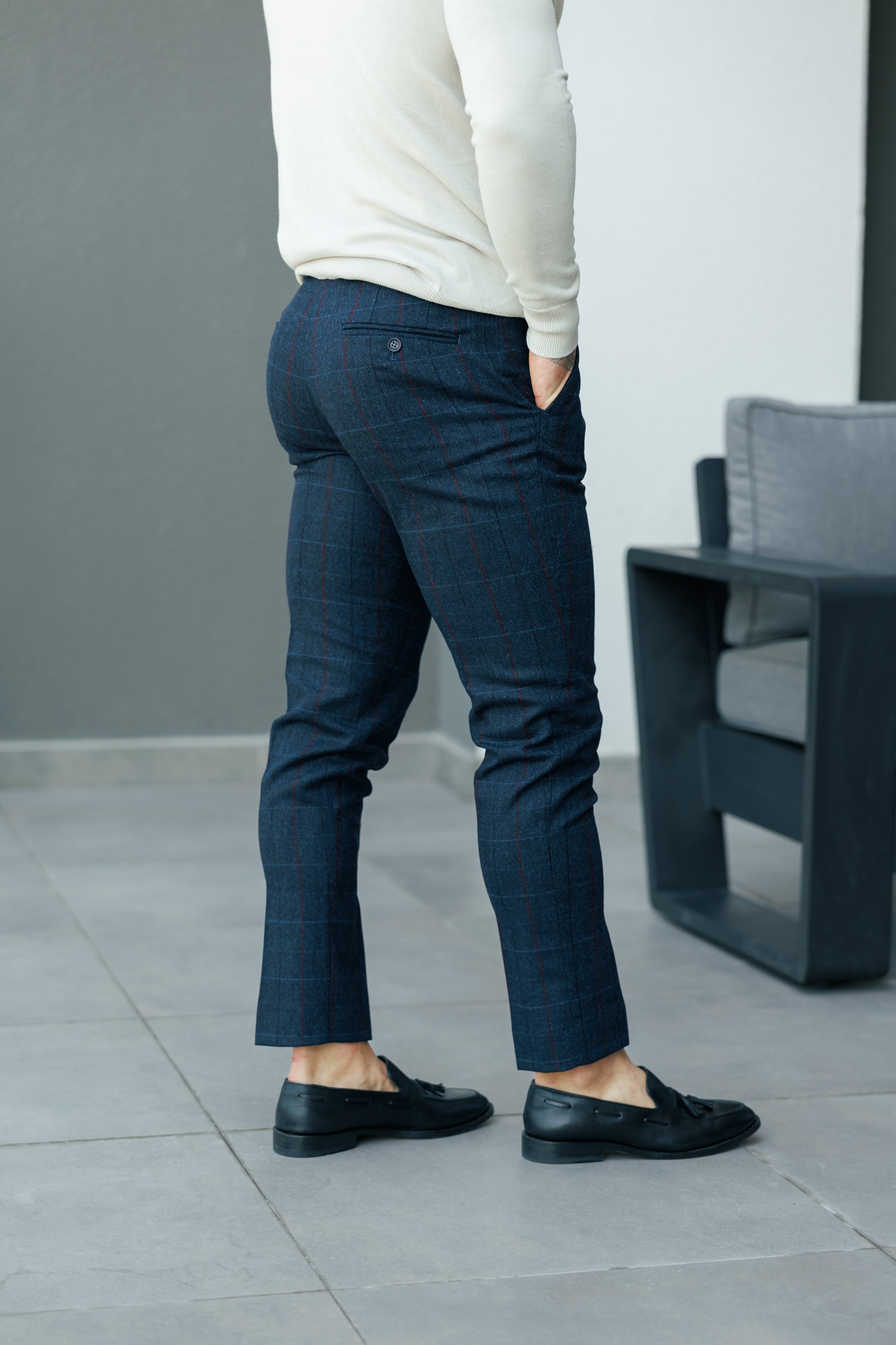 Relaxed Formal Navy / Burgundy Check Trouser - FSTR016