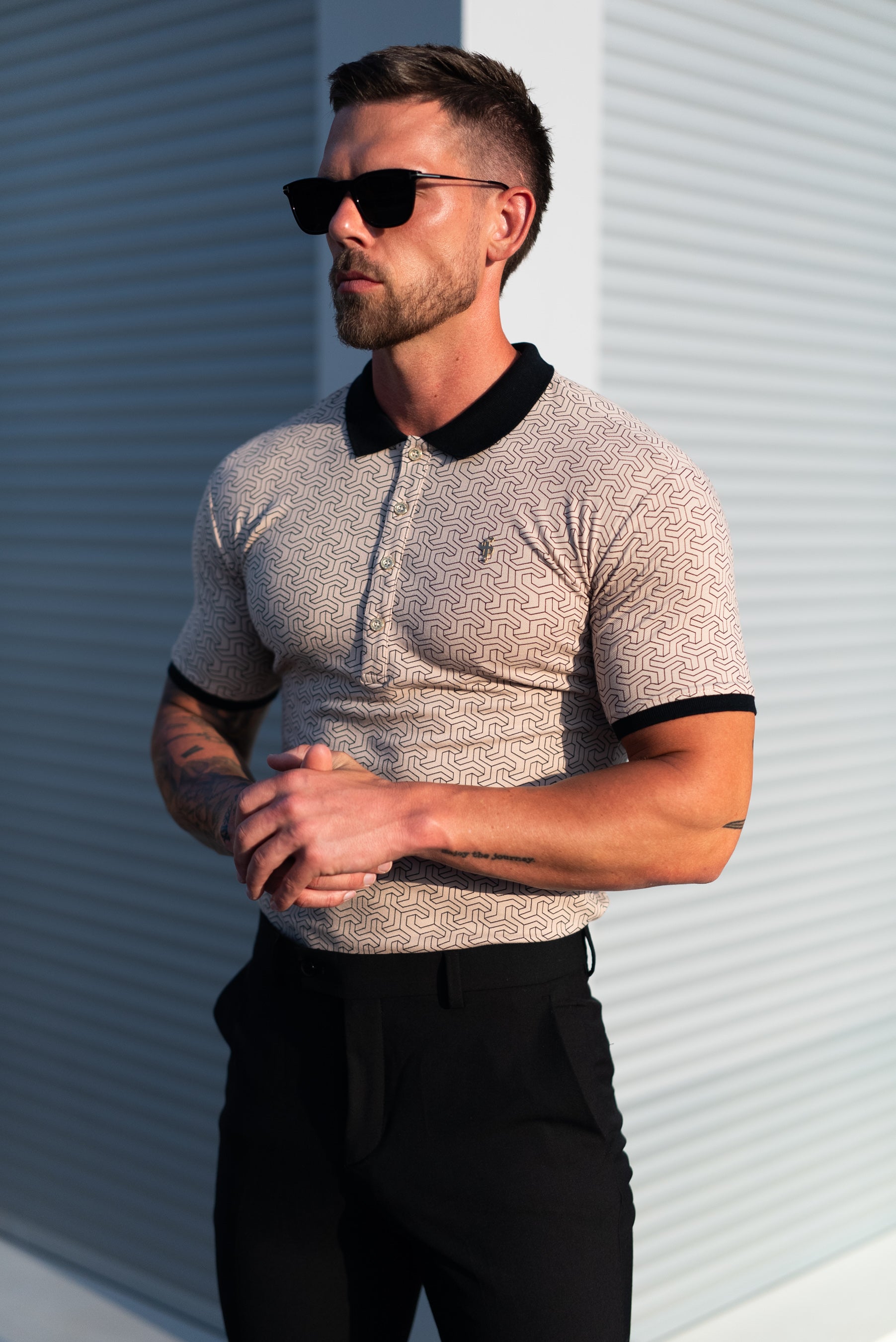 Black / Beige Geo Printed Polo Shirt - FSH1234