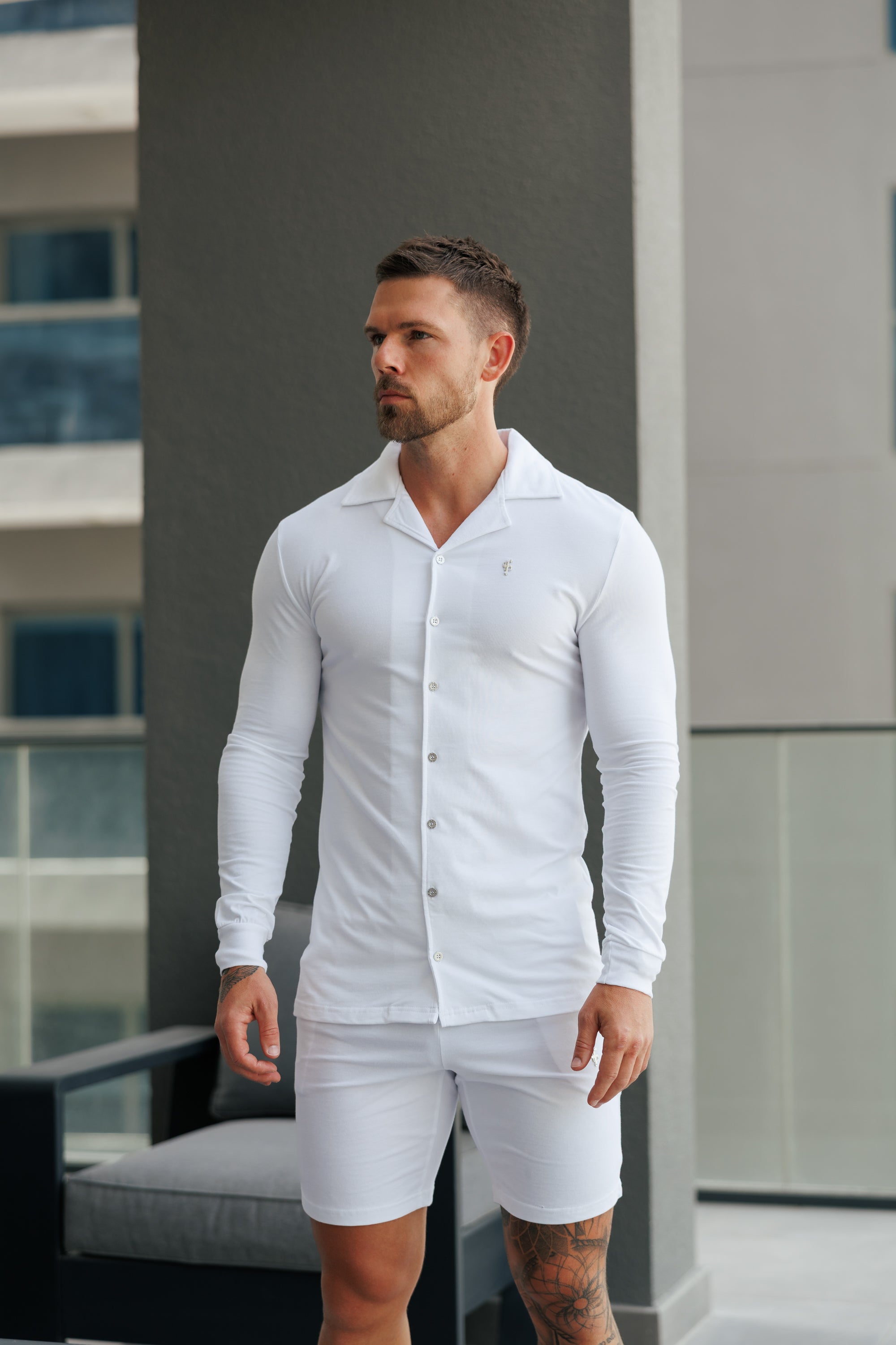 Stretch White Pique Revere Shirt Long Sleeve - FSH1352