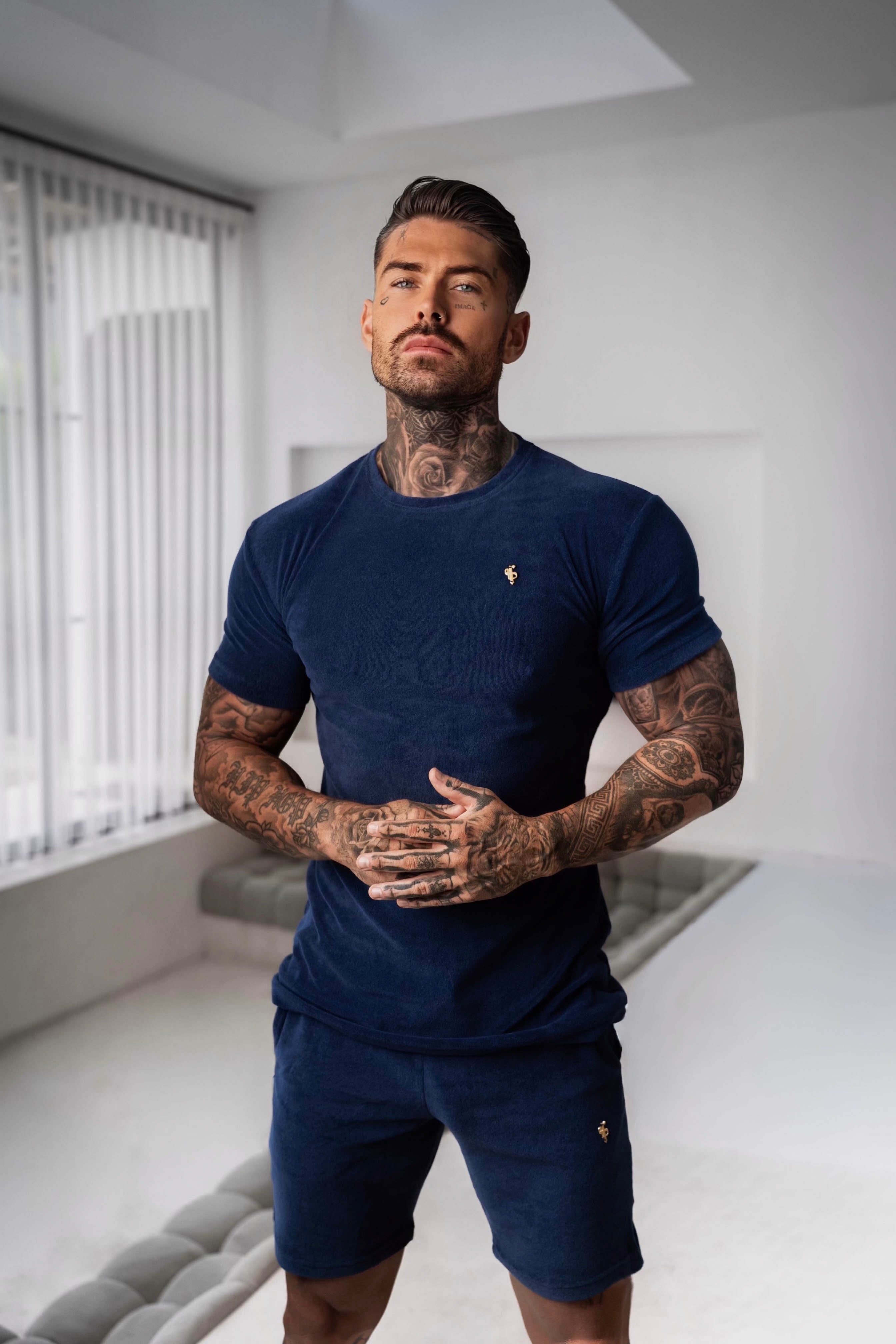 New French Navy Towelling Crew T Shirt - FSH655