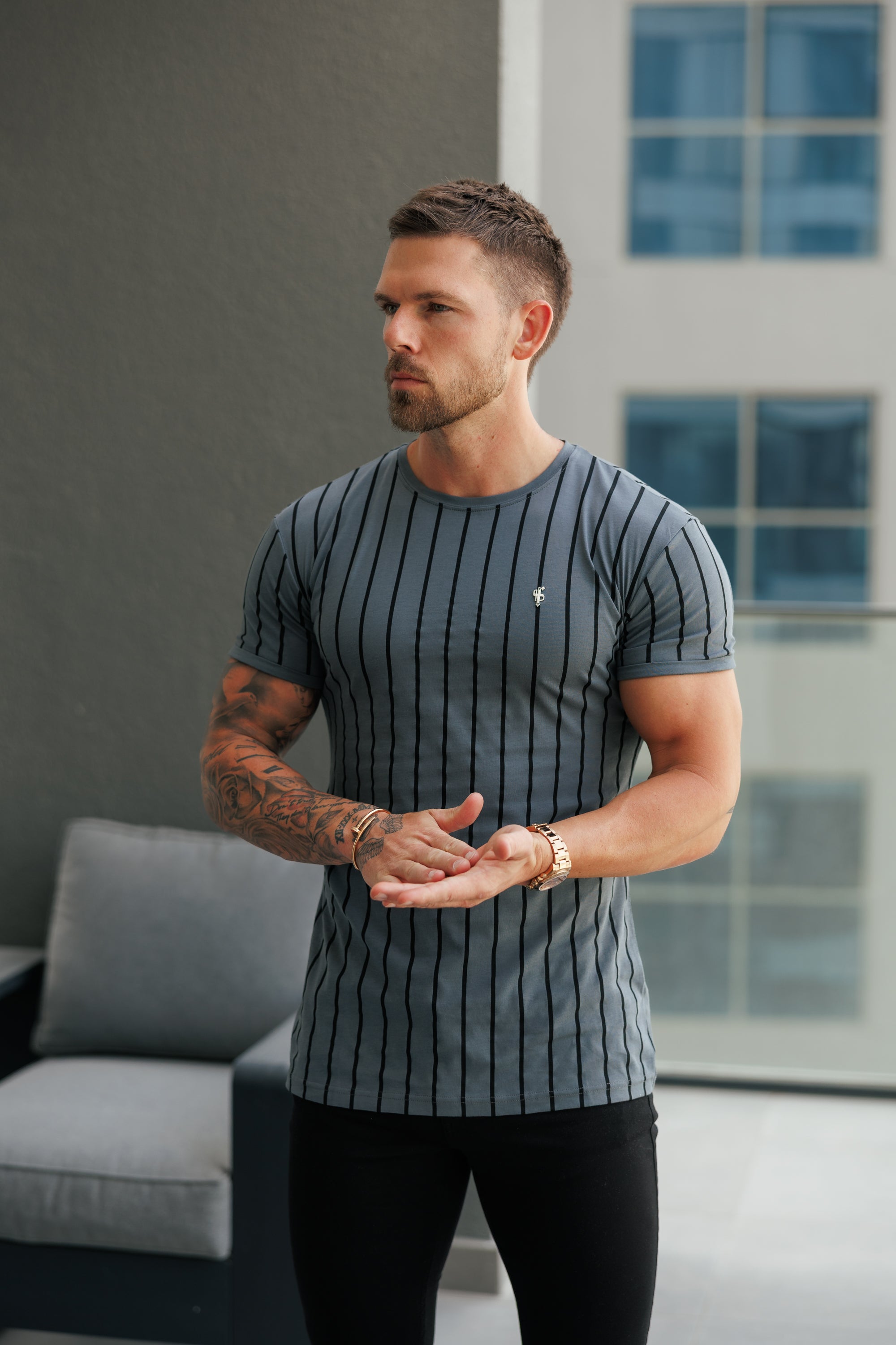 Printed Charcoal / Black Stripe Fitted T Shirt - FSH1375